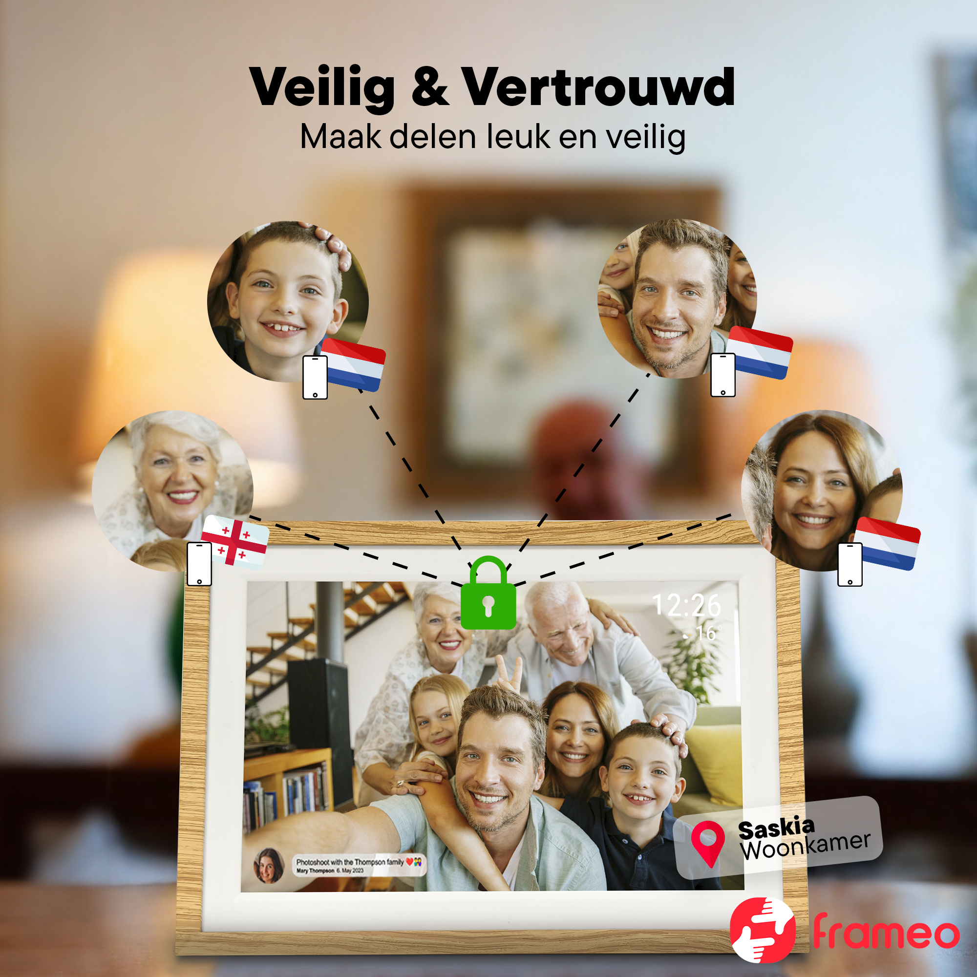 Ein digitaler Bilderrahmen zeigt eine Familie. Oben sind Porträts mit Flaggen.