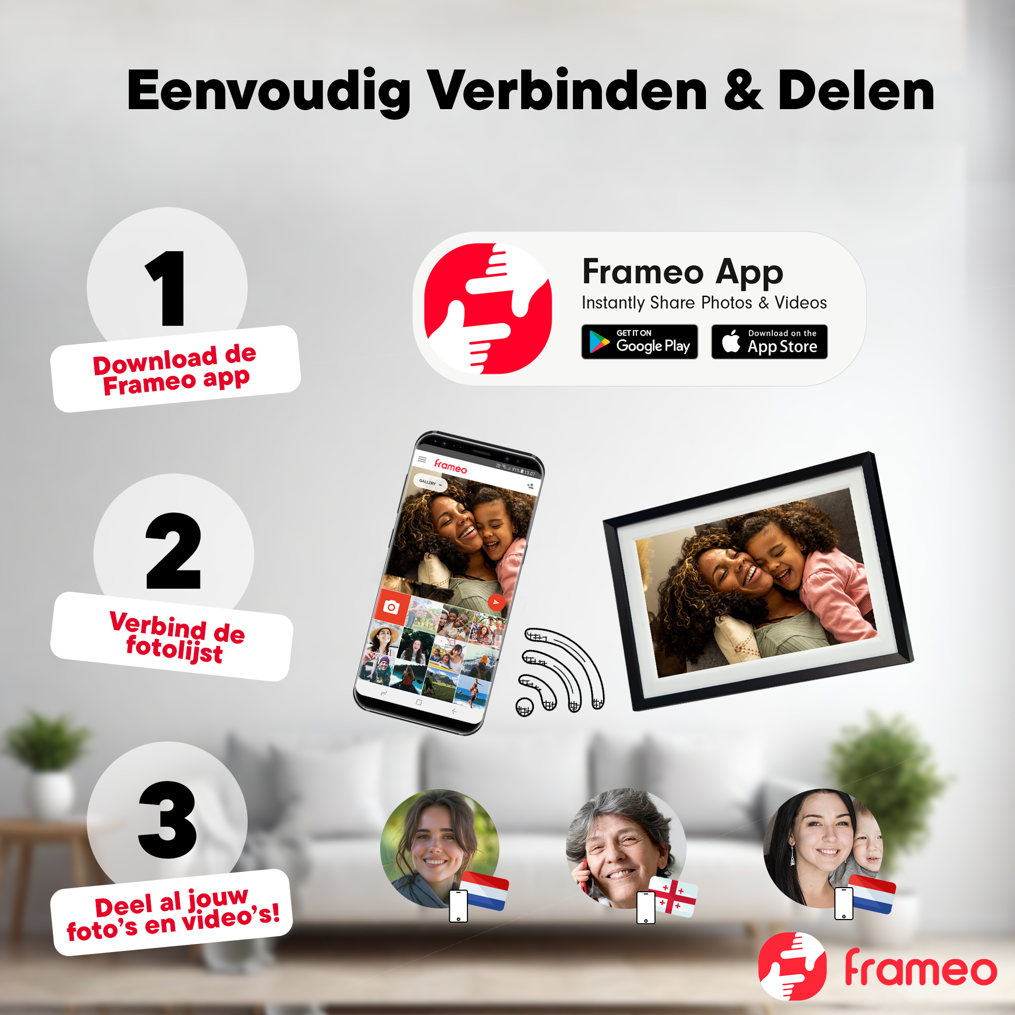 Schritt-für-Schritt-Anleitung: App herunterladen, Fotorahmen verbinden, Fotos teilen.