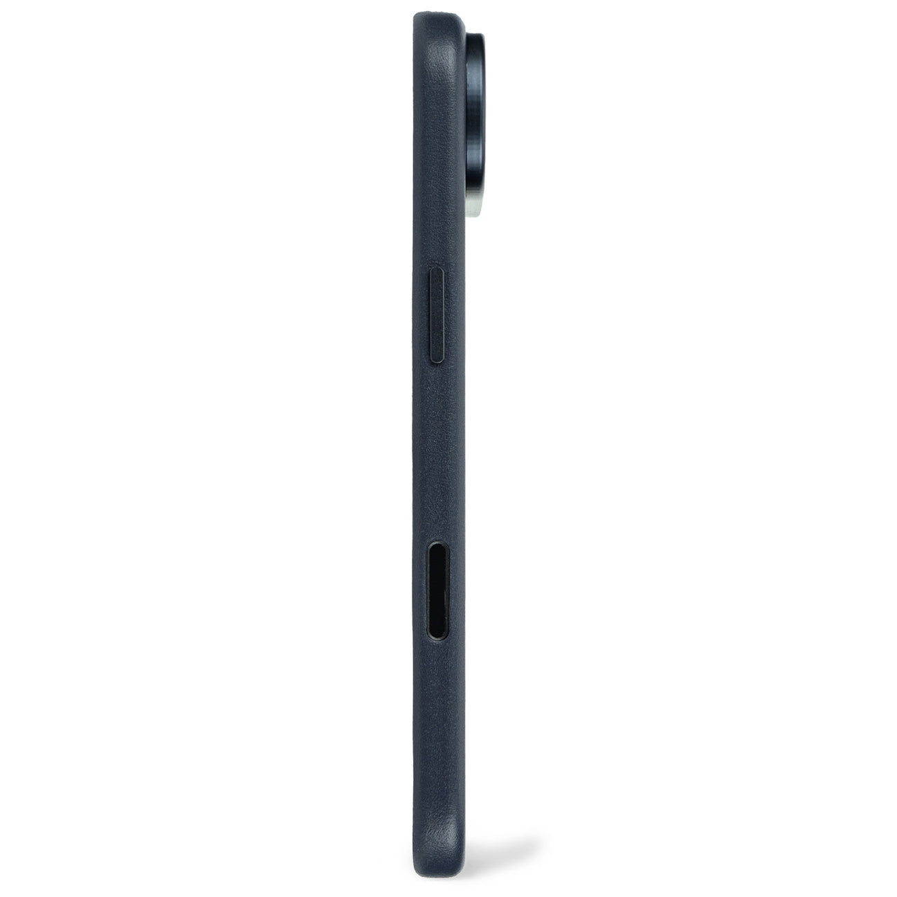 Custodia per telefono grigio scuro di profilo con modulo fotocamera e pulsanti.