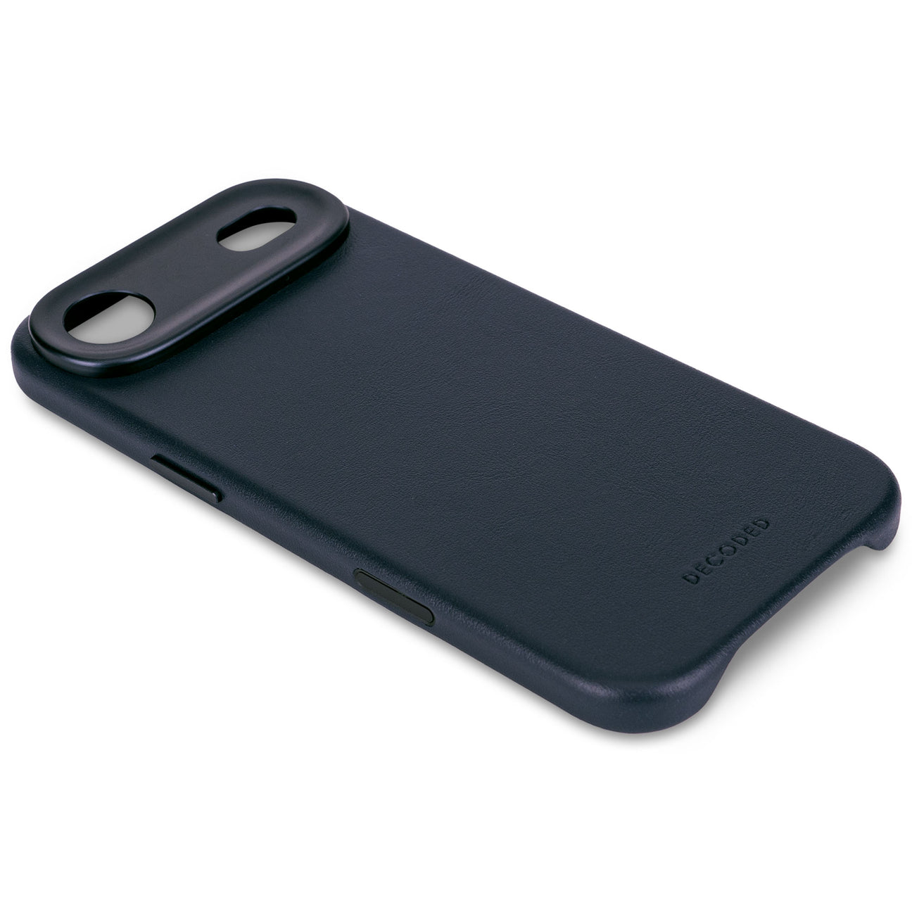 Custodia blu scuro per telefono con ritaglio fotocamera e logo, su sfondo bianco.