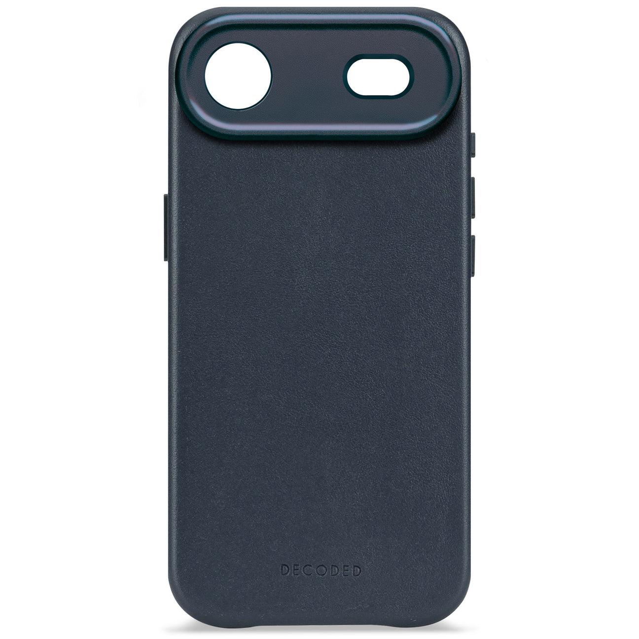 Custodia blu scuro per telefono con ritaglio fotocamera e logo.