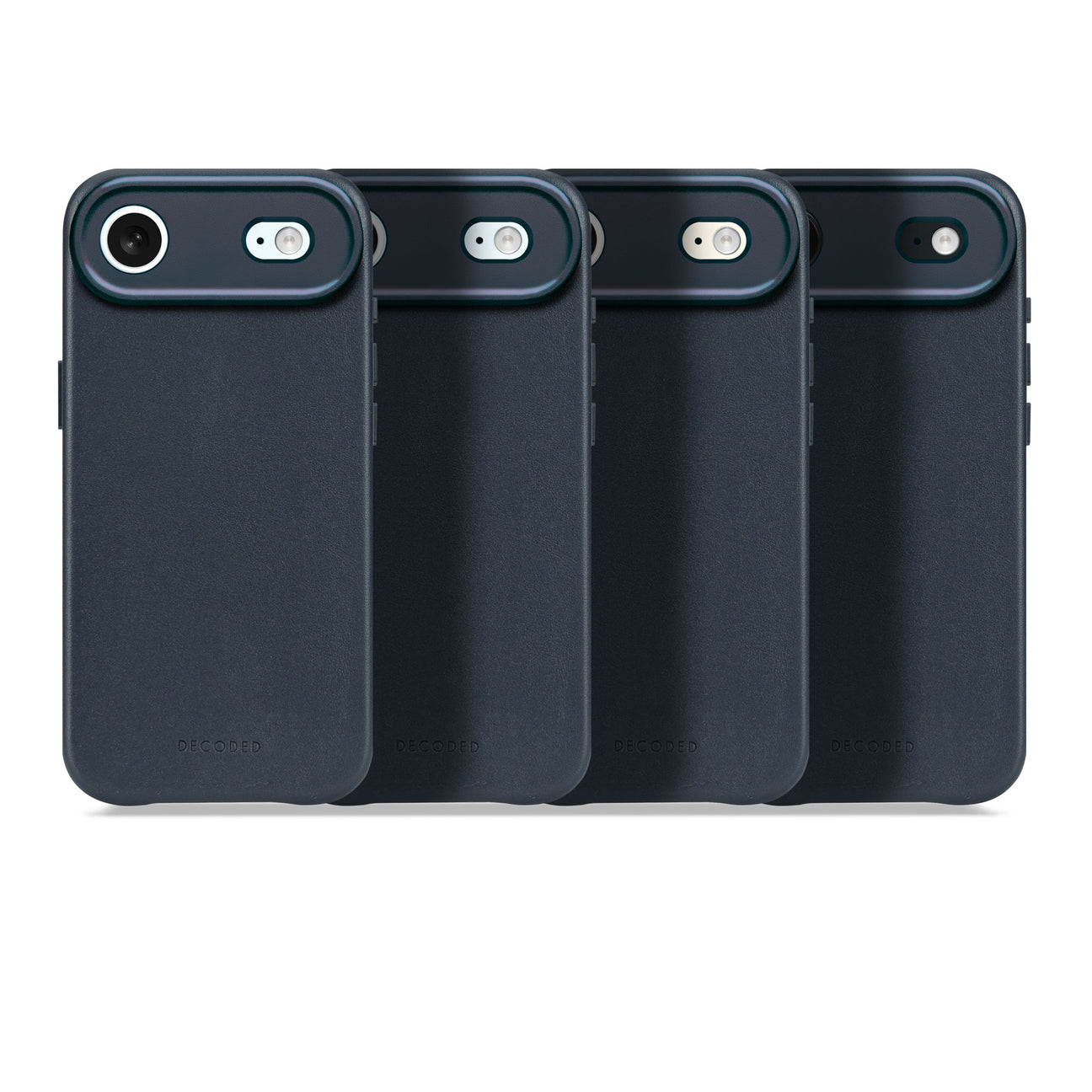 Quattro custodie per telefono blu scuro con ritagli per fotocamera allineate.