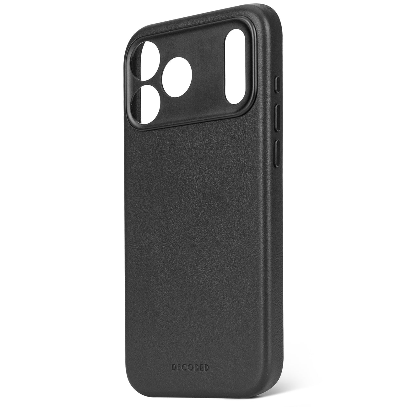 Custodia nera per iPhone con ritaglio fotocamera e logo.