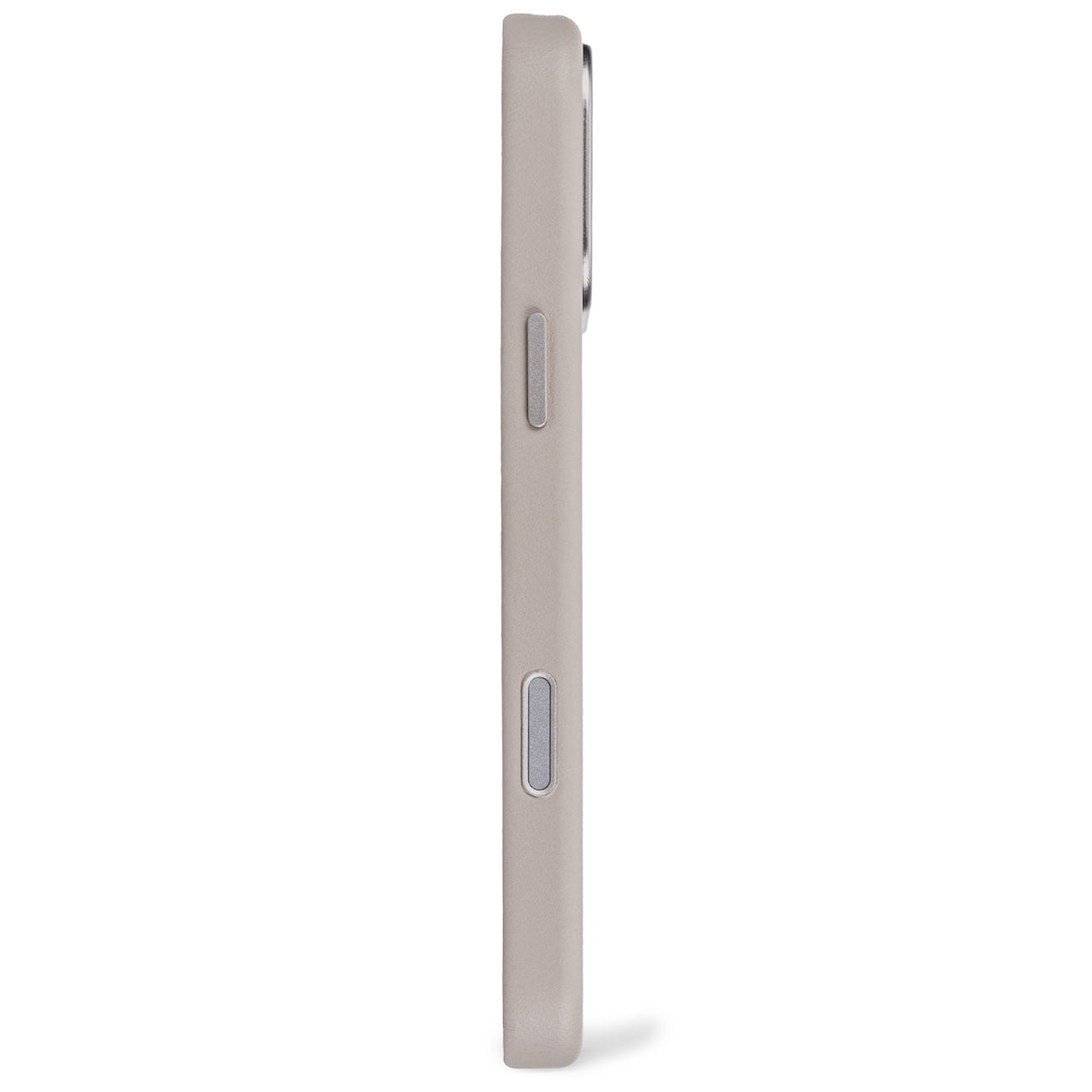 Custodia per telefono grigio chiaro vista di lato con pulsanti argentati.