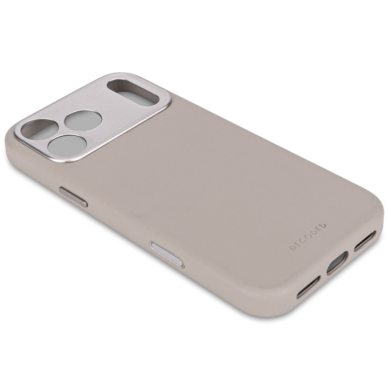 Custodia beige per telefono con ritaglio fotocamera argentato e logo.