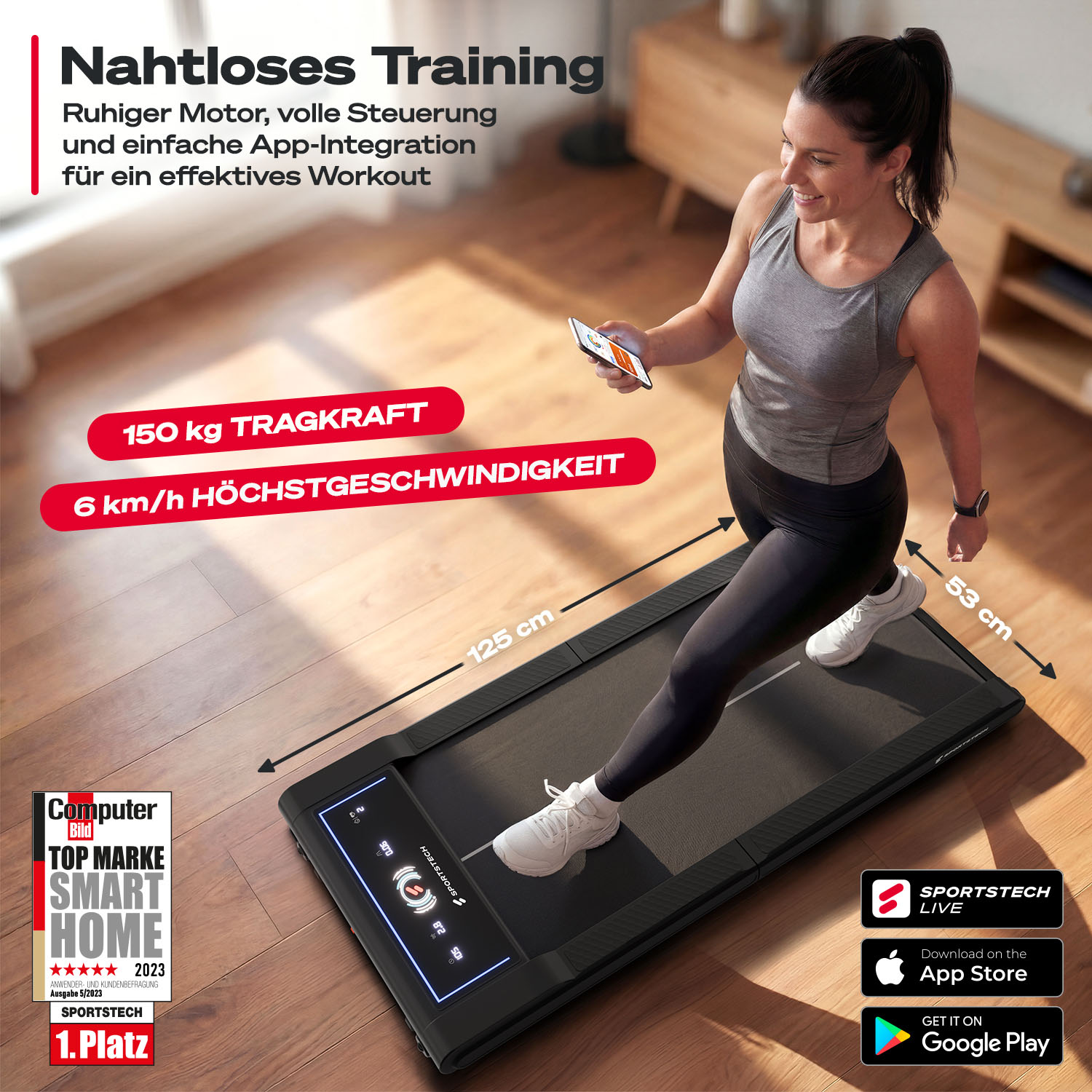 Frau joggt auf einem schwarzen Laufband und blickt auf ihr Handy. Laufband hat 150kg Kapazität.