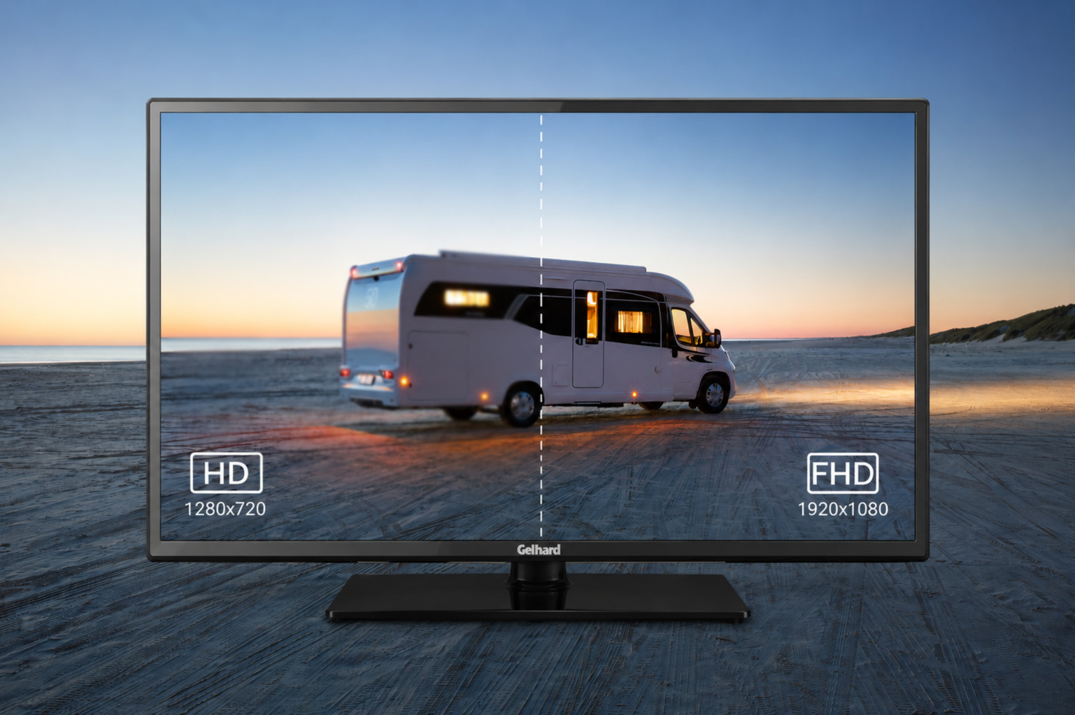 Ein Wohnmobil am Strand bei Sonnenuntergang, gezeigt auf einem Fernseher mit HD- und FHD-Auflösung.
