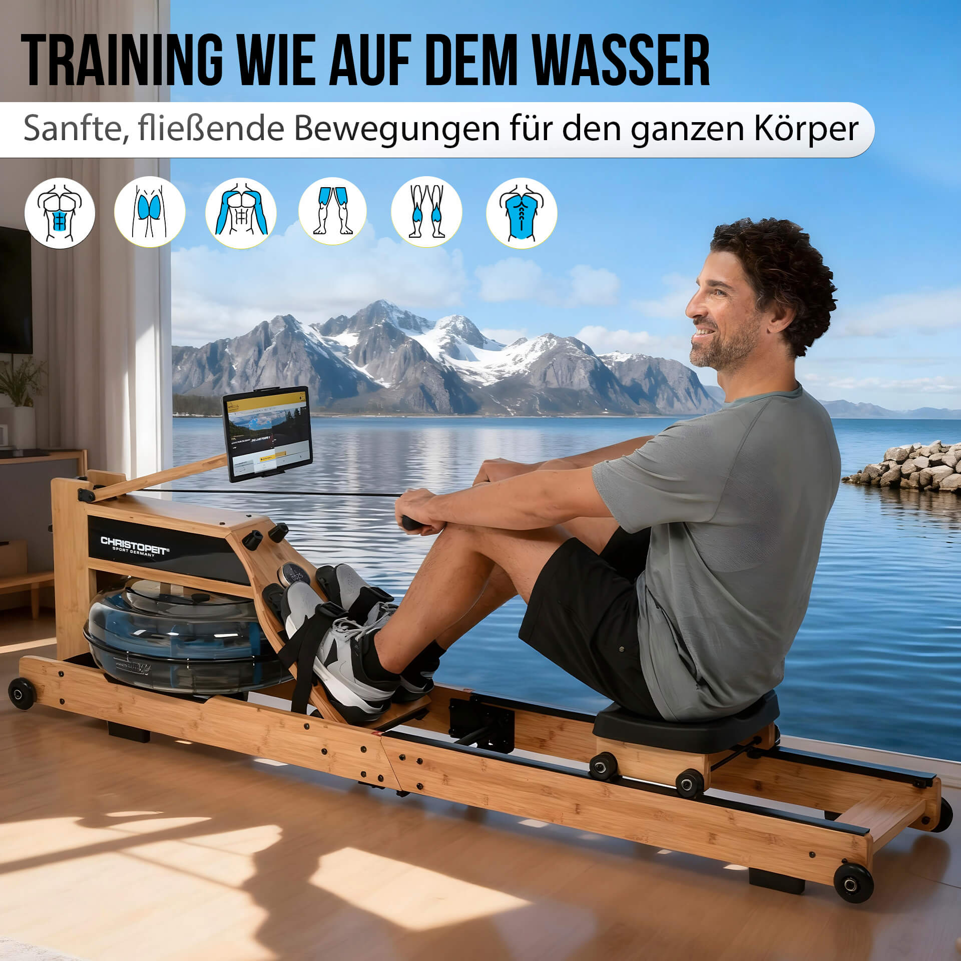 Mann trainiert auf Rudergerät mit Berg- und Seeblick.