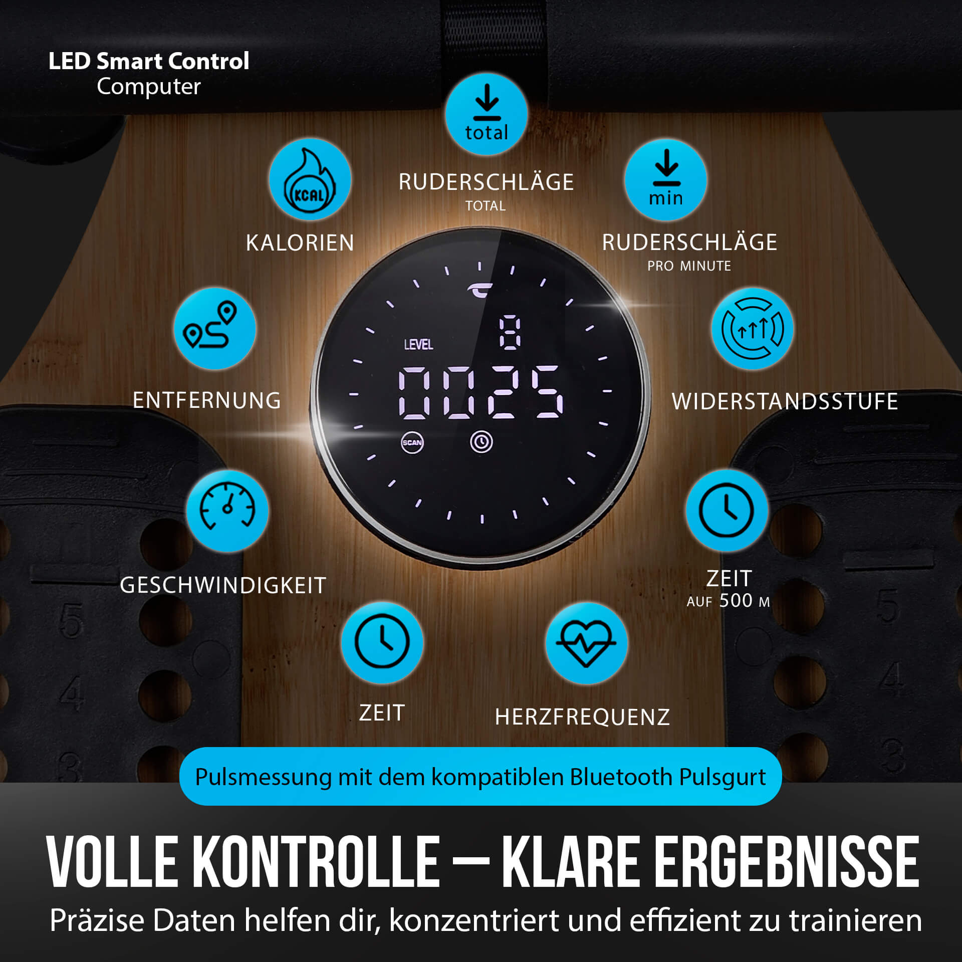LED Smart Control Computer mit Trainingsanzeigen: Kalorien, Distanz, Geschwindigkeit, Zeit, Herzfrequenz.