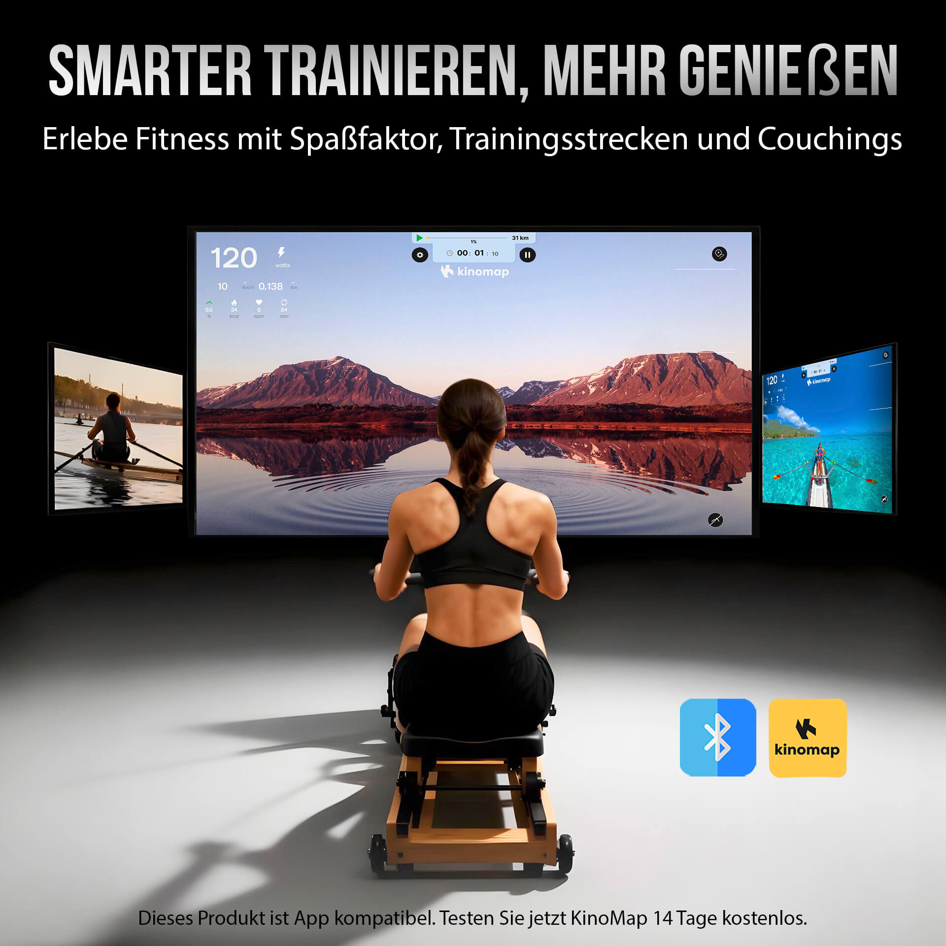 Frau rudert auf einem Ergometer vor Berg- und See-Kulisse. Trainingsdaten auf Bildschirm.