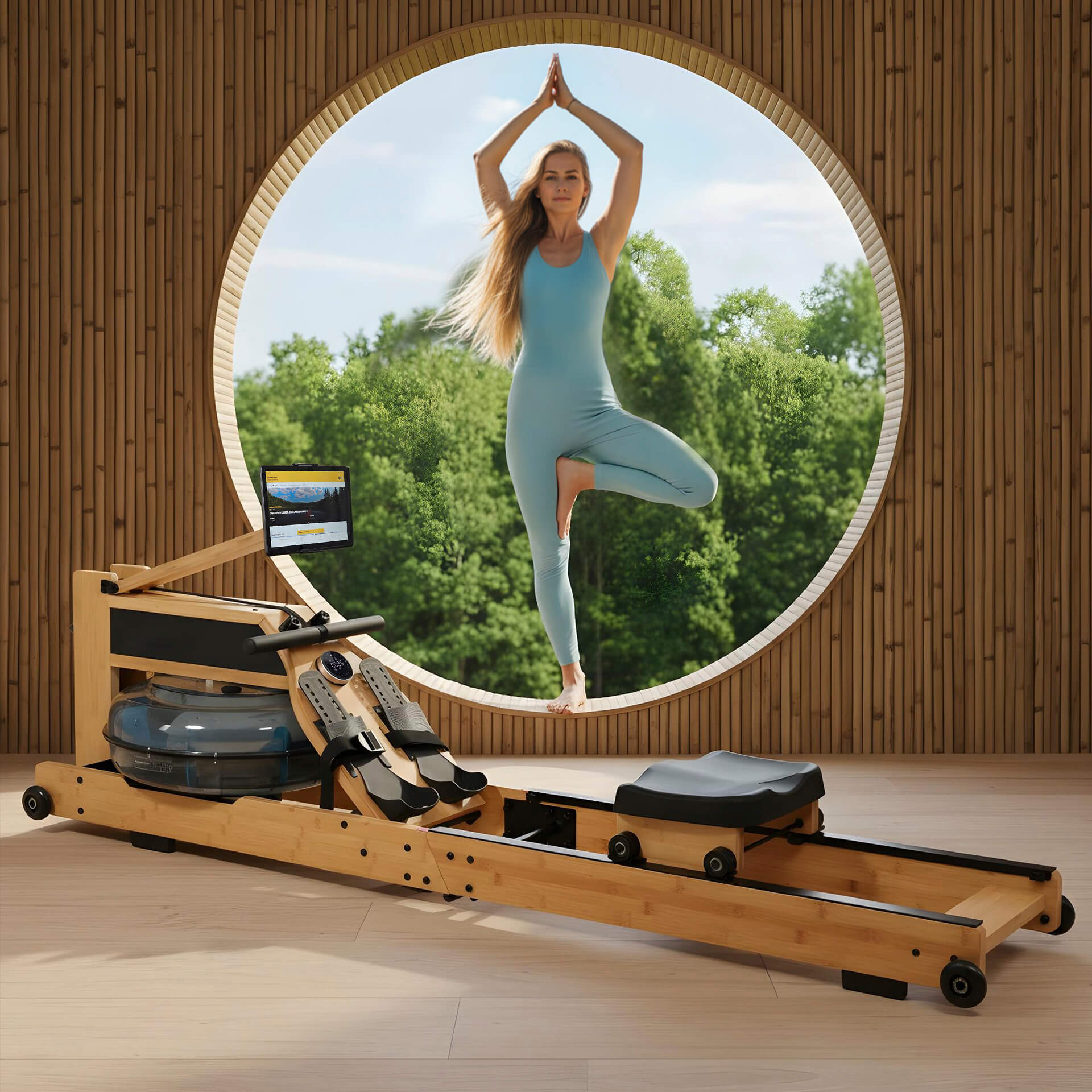 Eine Frau in türkisfarbener Kleidung macht eine Baum-Yoga-Pose vor einem Fenster mit Blick auf Bäume.