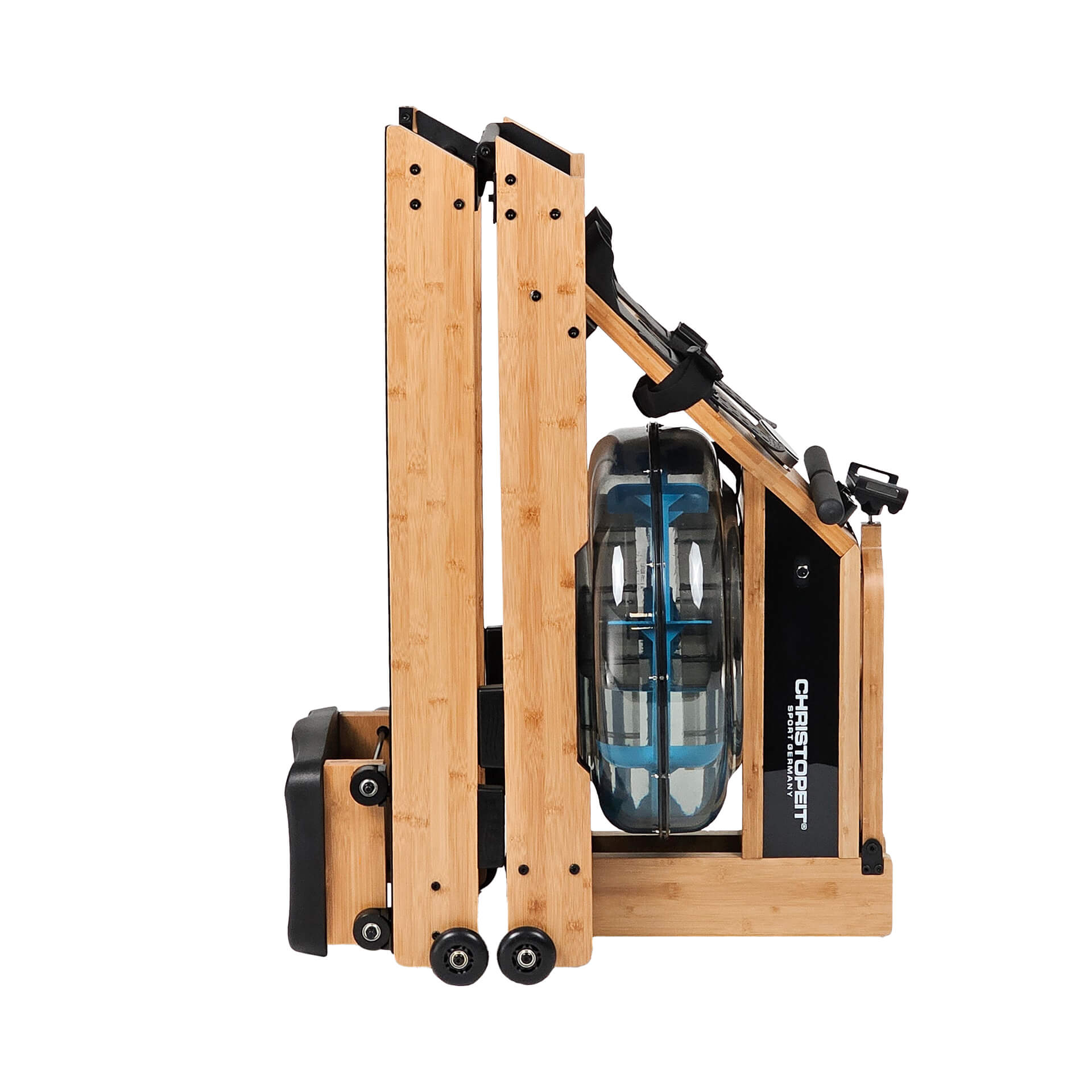 Ein zusammenklappbares Rudergerät aus Bambus mit einem blauen Wassertank.