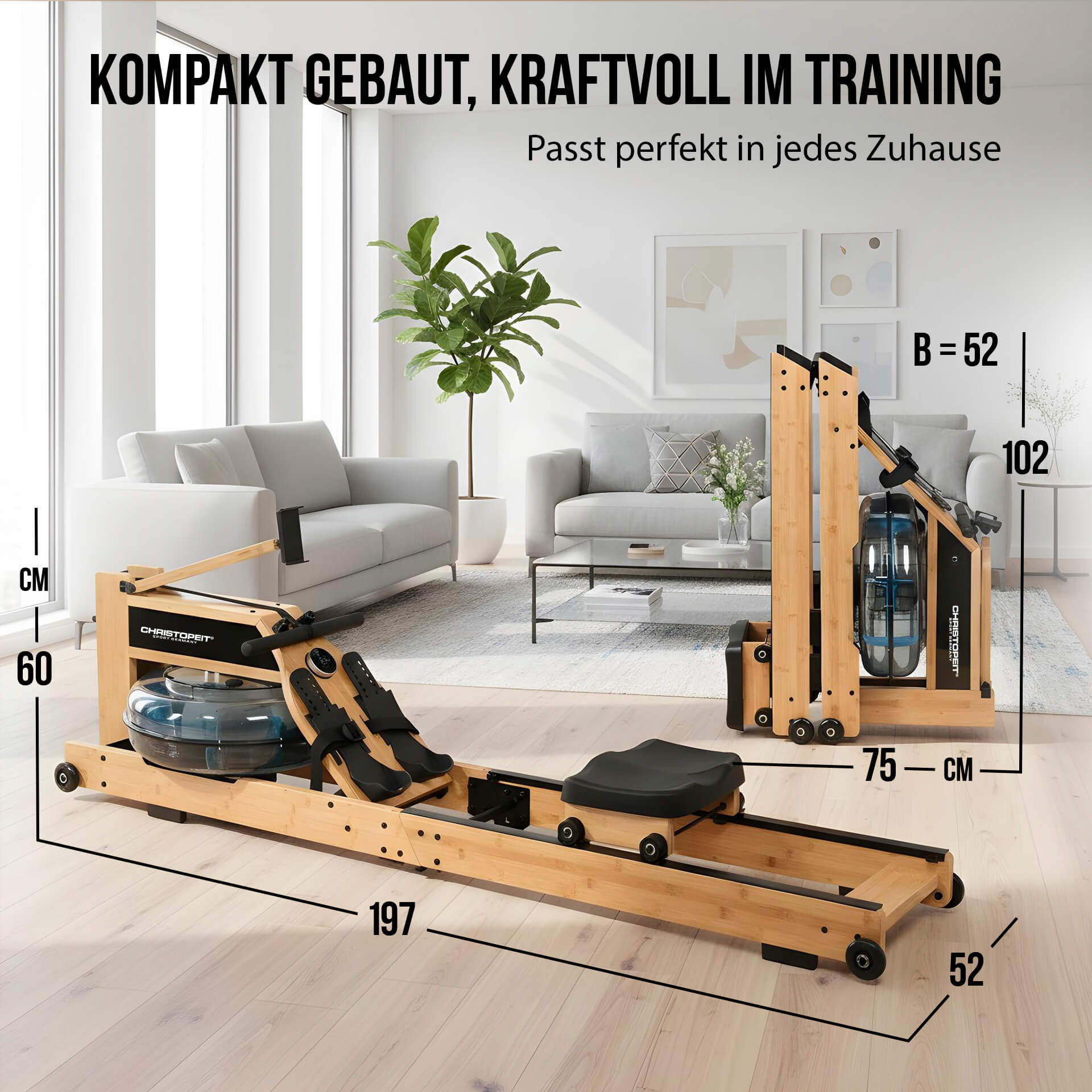 Ein Rudergerät aus Holz mit Wassertank steht in einem Wohnzimmer.