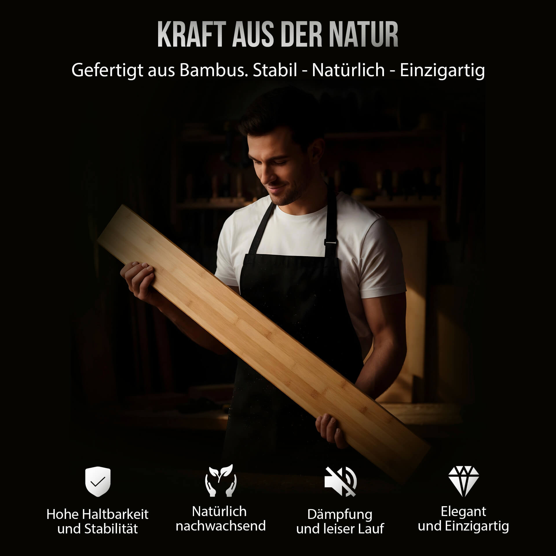 Mann mit Schürze hält Bambusplatte. "Kraft aus der Natur" steht oben.