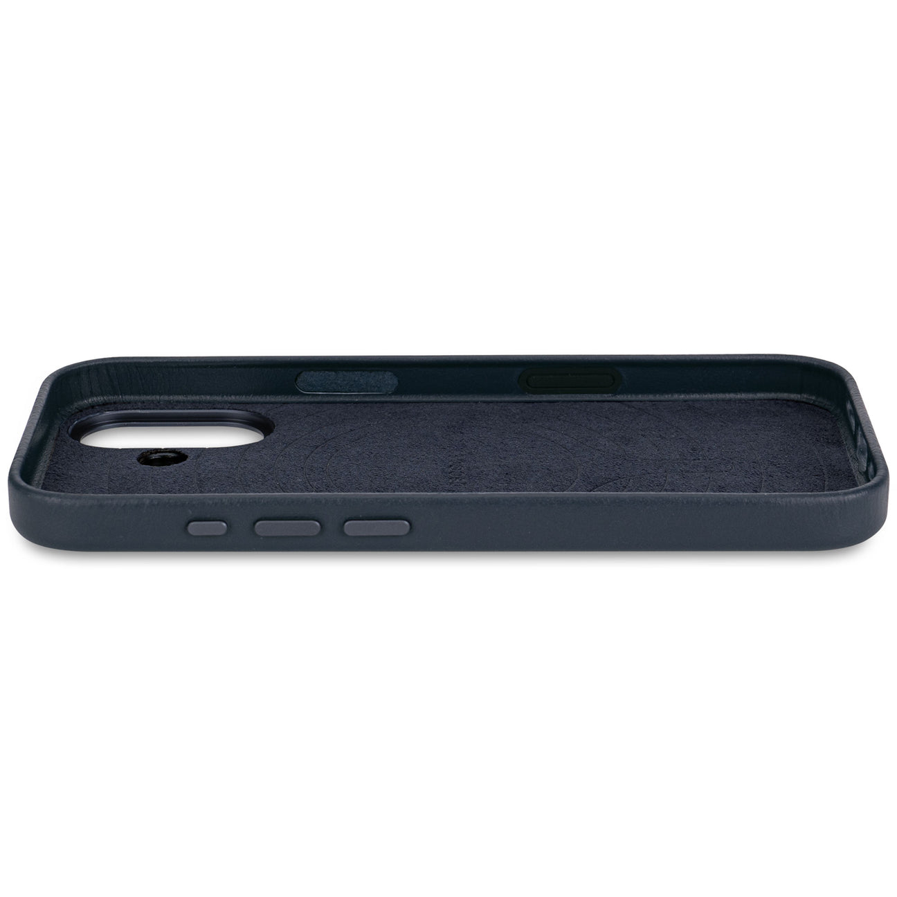 Custodia blu scuro per telefono con ritagli per fotocamera e pulsanti.