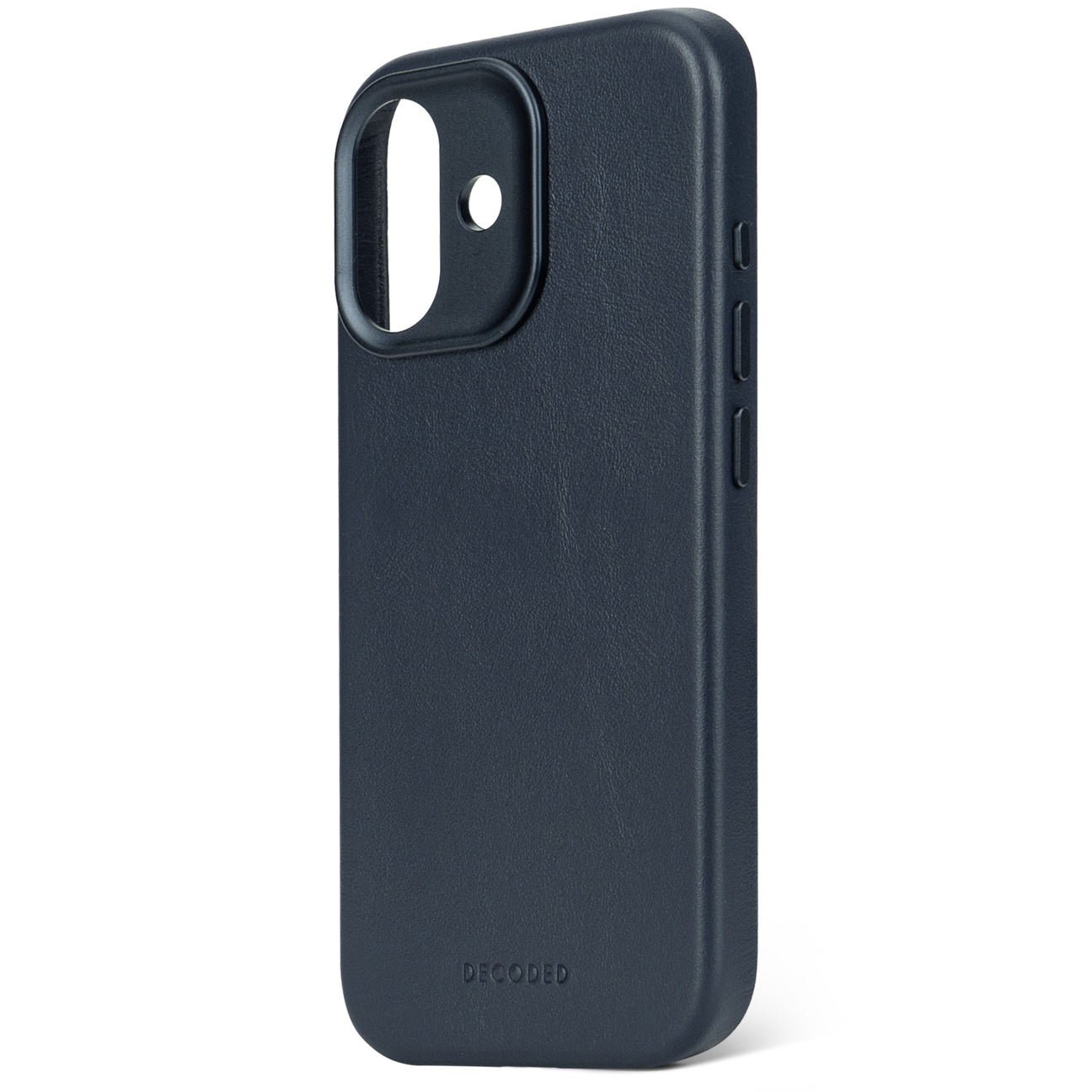 Custodia blu scuro per telefono con ritaglio fotocamera e pulsanti.