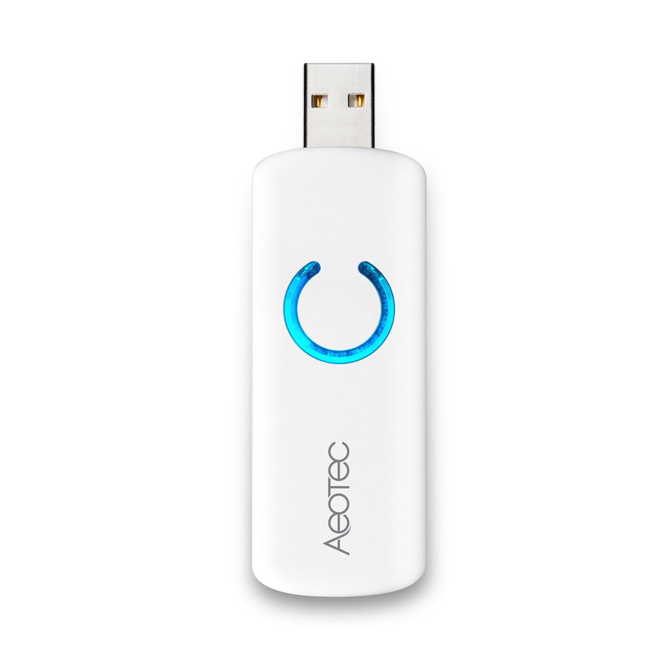 Ein weißer USB-Stick mit einem blauen Ring und Aeotec-Logo.