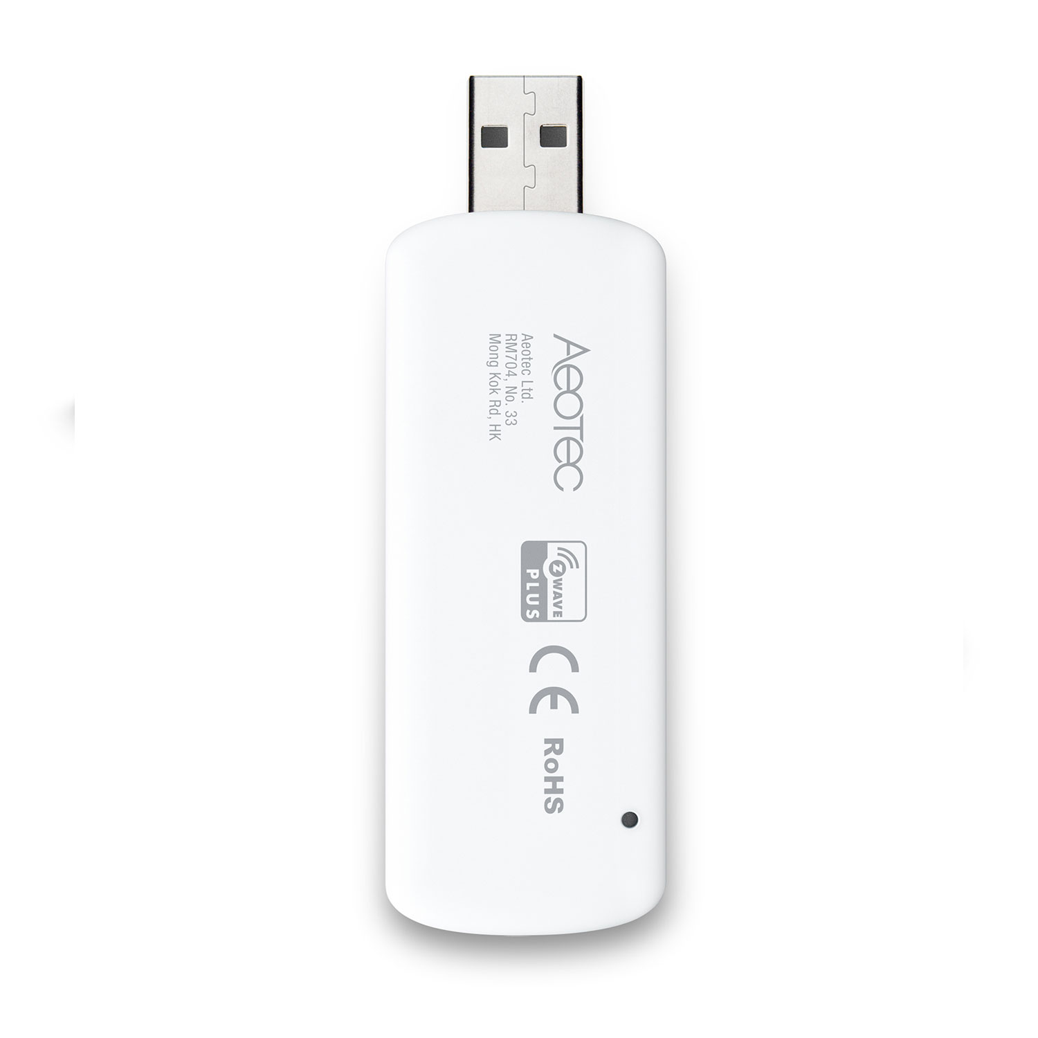 Ein weißer USB-Stick mit Aeotec-Logo, Z-Wave Plus und CE-RoHS-Siegel.