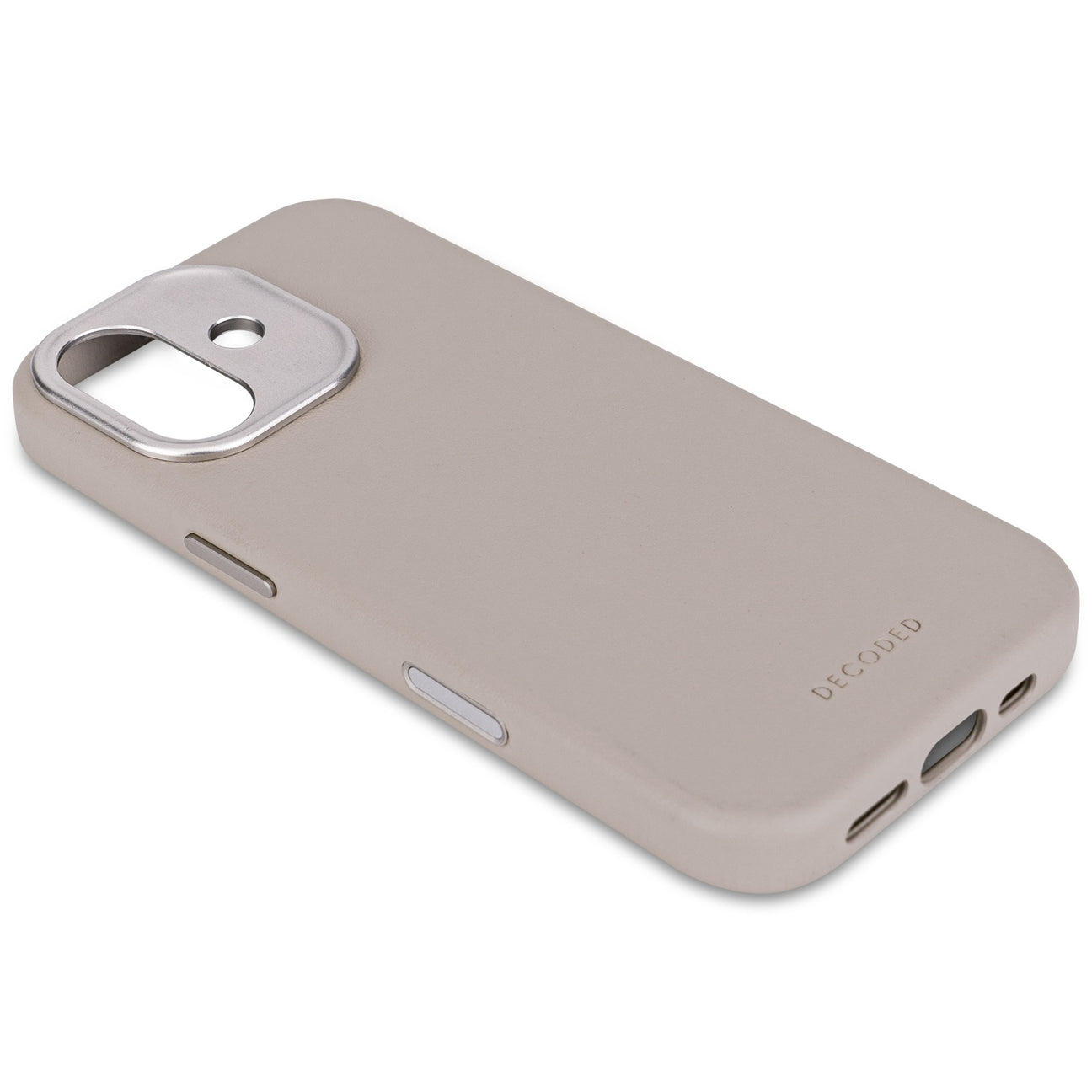 Custodia per telefono in pelle grigia con accenti metallici per fotocamera e pulsanti.