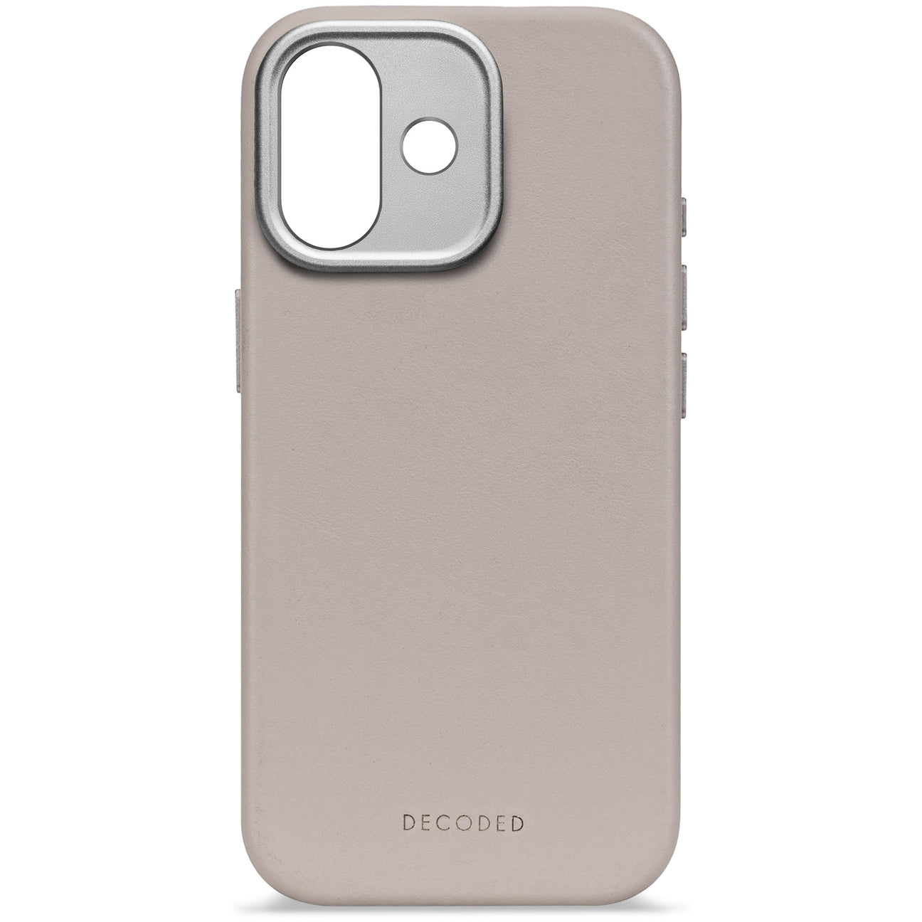 Custodia grigia per iPhone con ritaglio fotocamera argentato e logo DECODED.