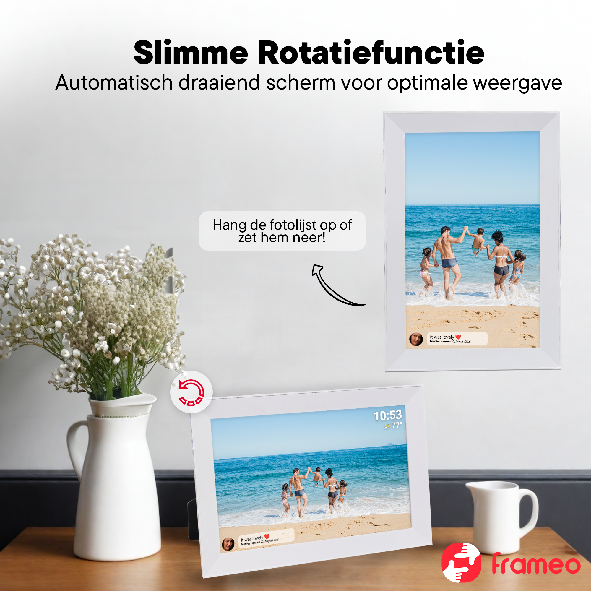 A digital photo frame shows a family on the beach, with weather data and date.
