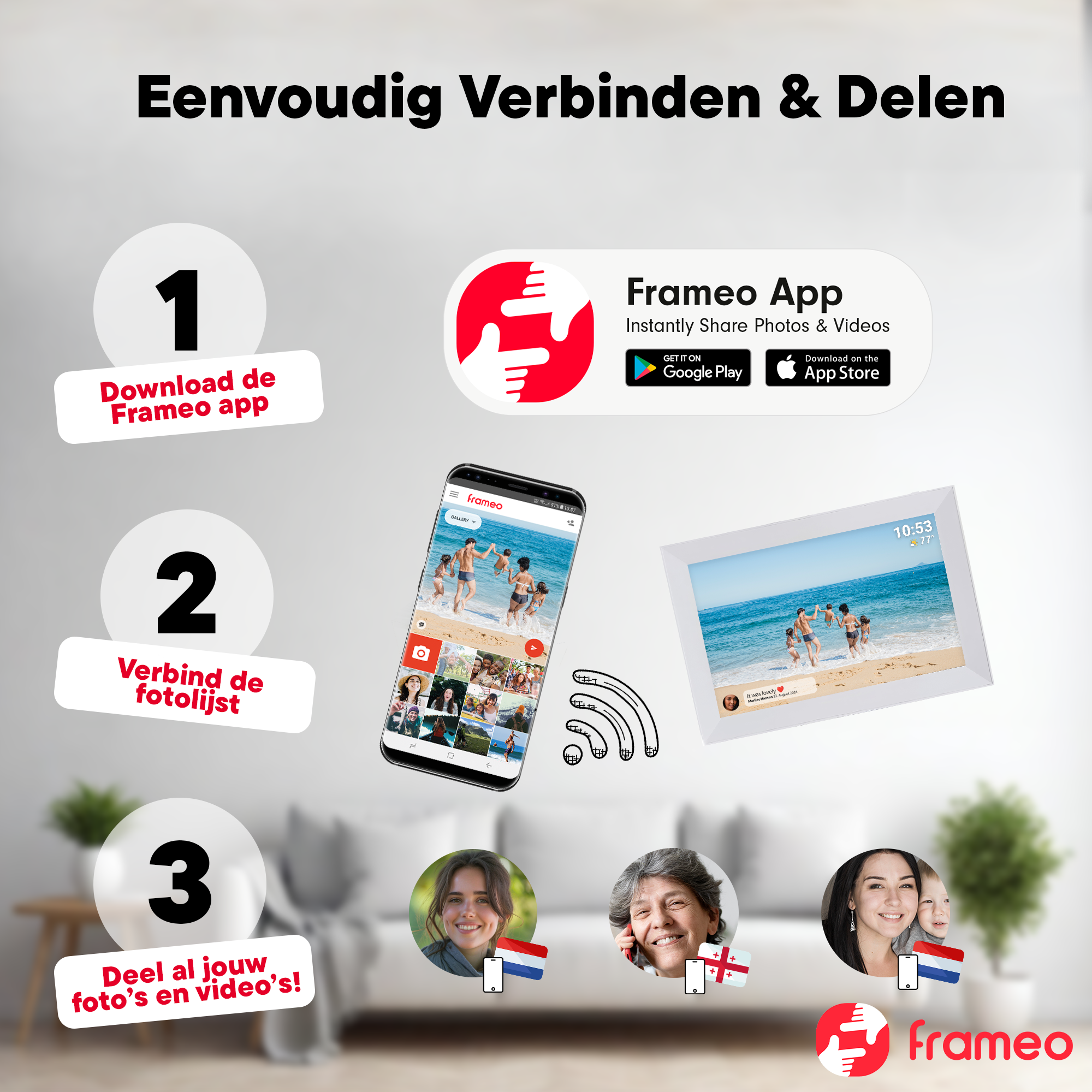 Step-by-step guide: Download app, connect photo frame, share photos/videos.