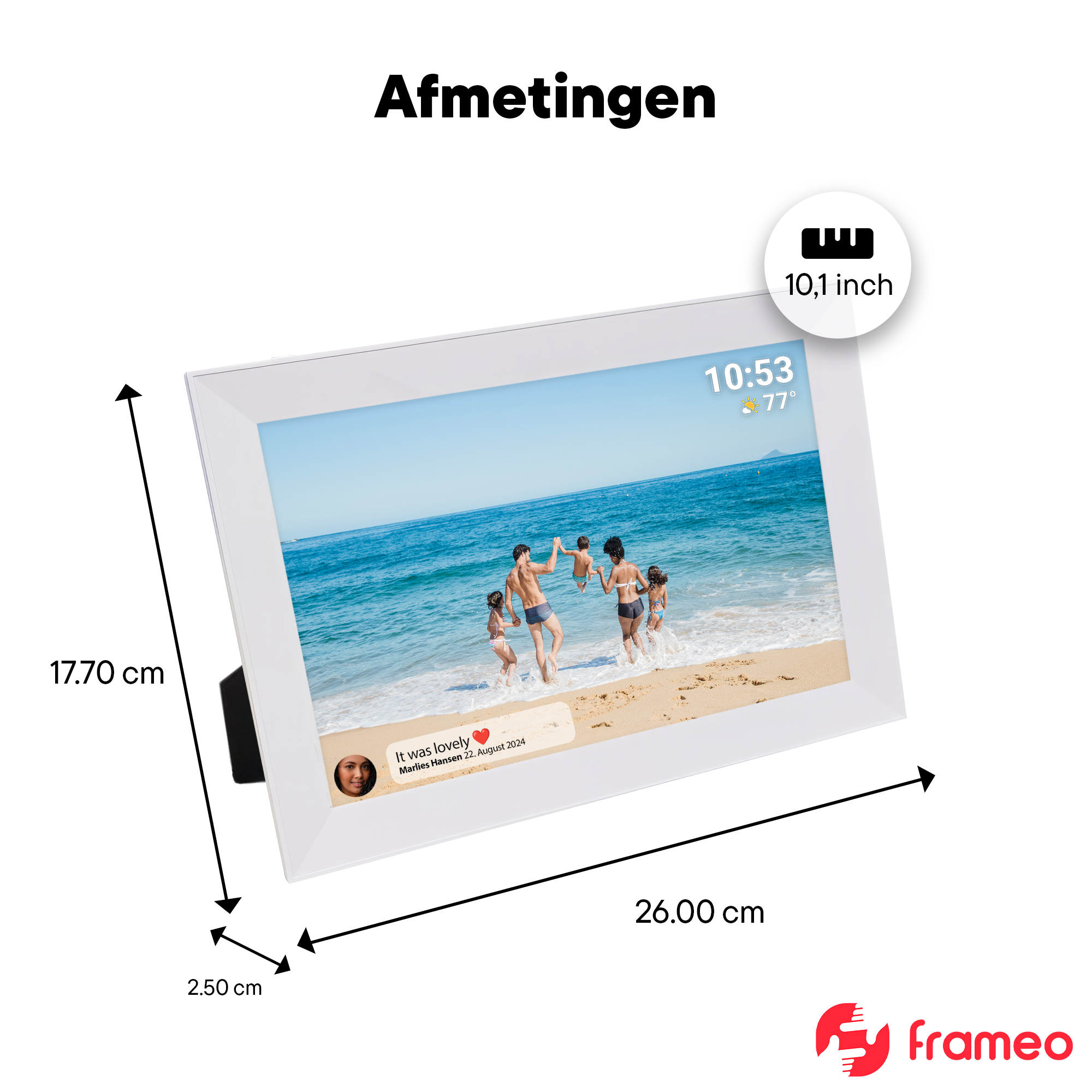 A white digital photo frame displays a family beach photo. Dimensions are shown.