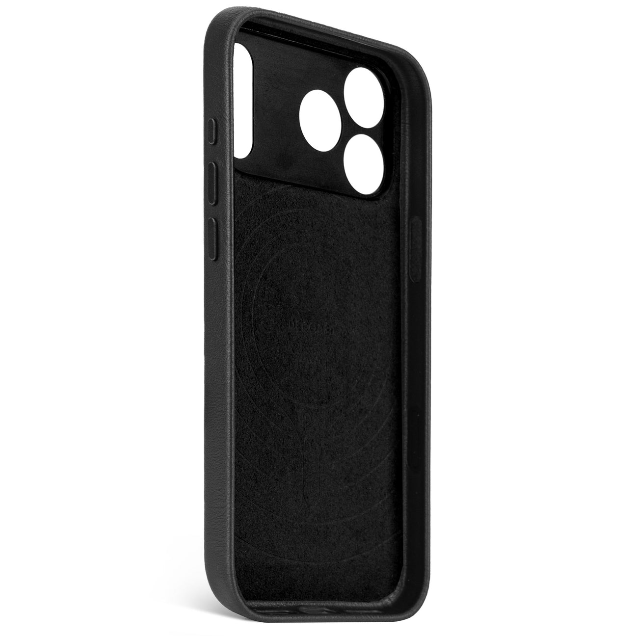 Schwarze Handyhülle mit Aussparungen für Kamera und Tasten.