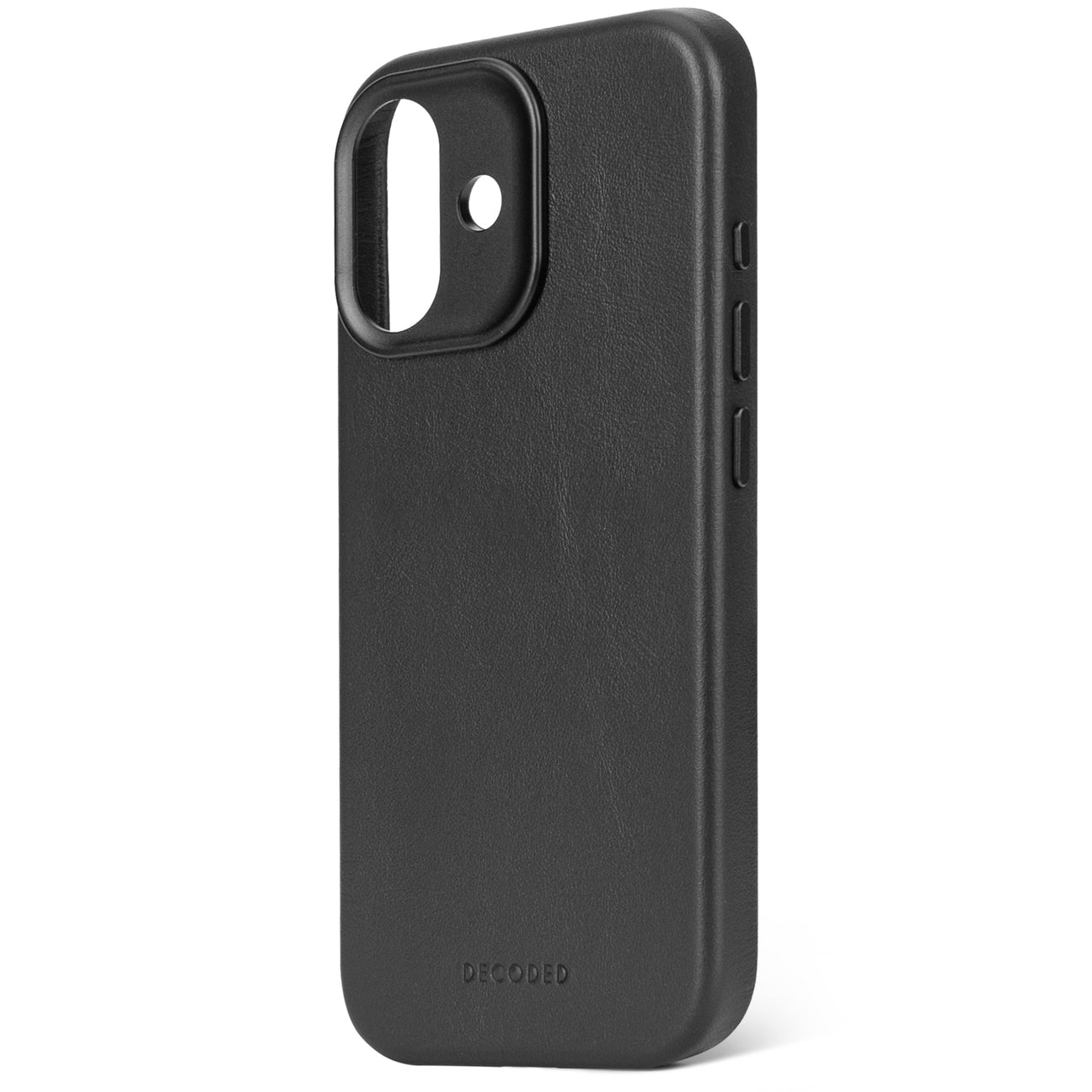 Custodia in pelle nera con ritaglio fotocamera e logo DECODED.