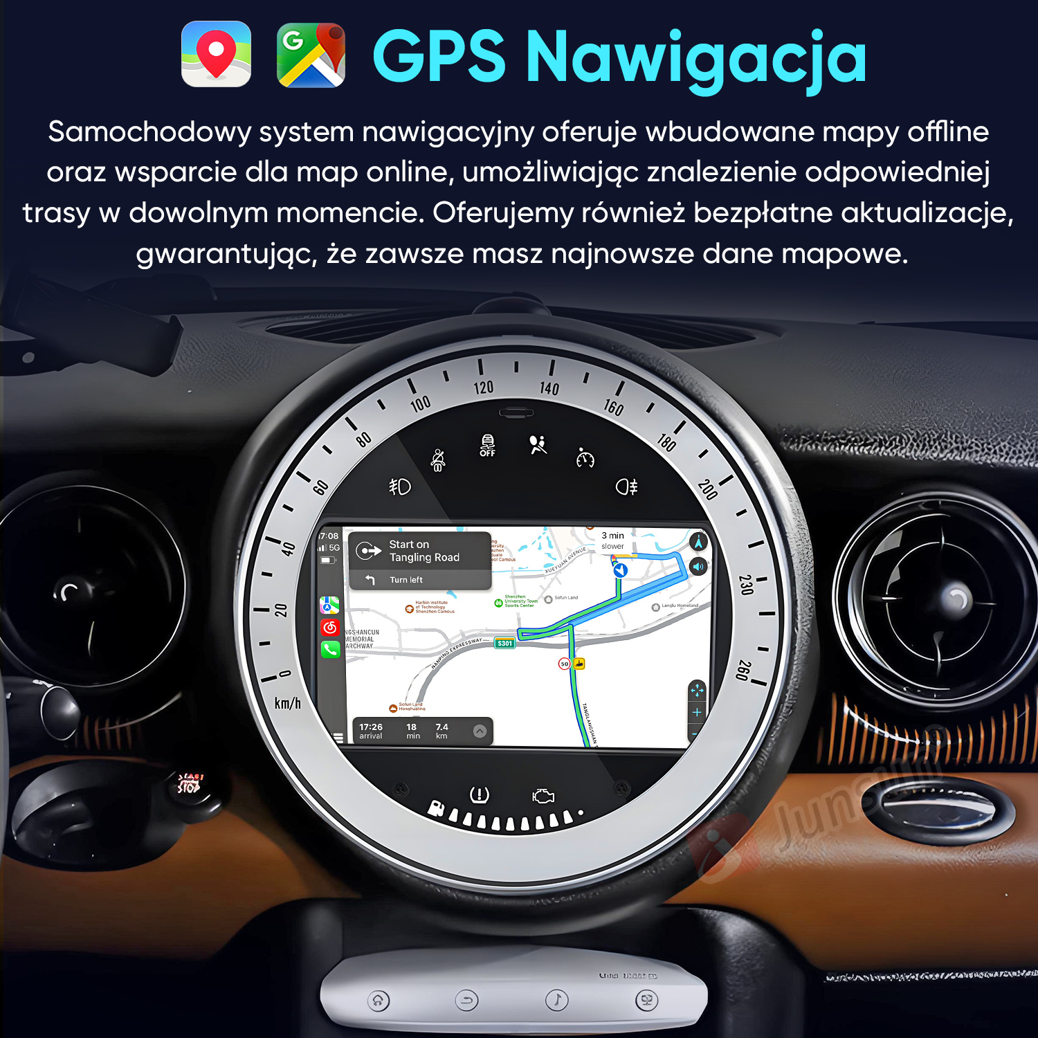 Deska rozdzielcza samochodu z ekranem nawigacji GPS pokazującym trasę.