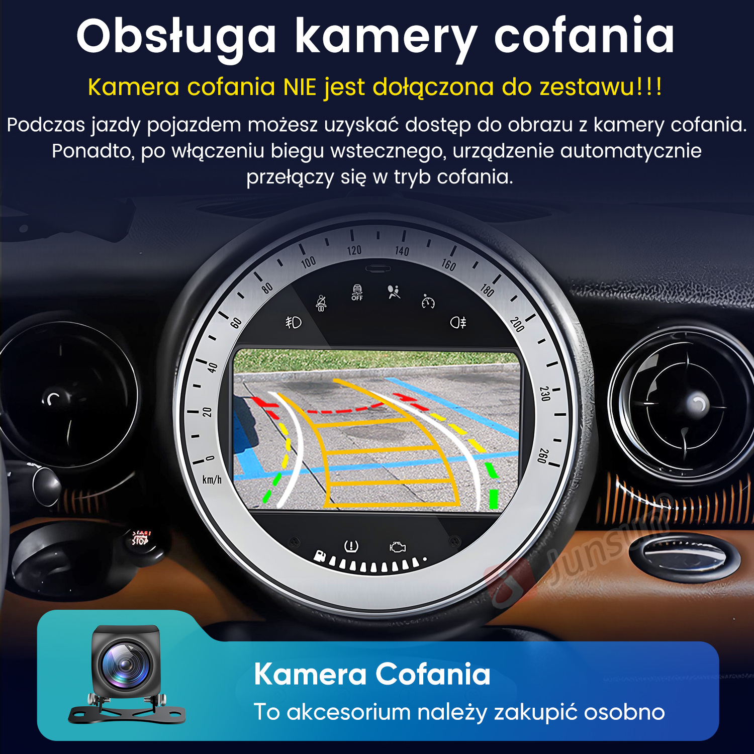 Deska rozdzielcza z widokiem z kamery cofania i kamerą.
