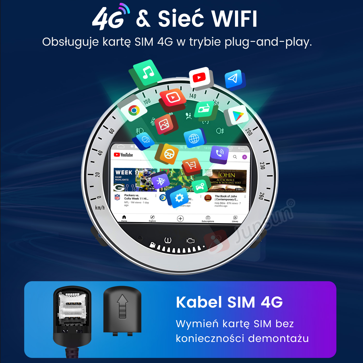 Urządzenie 4G i WiFi z obsługą karty SIM. Aplikacje na ekranie. Gniazdo SIM w zestawie.