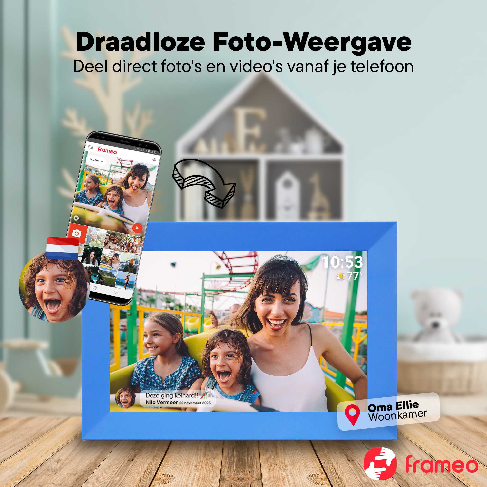 A blue digital photo frame shows a smiling family on a roller coaster. A phone next to it displays photos.