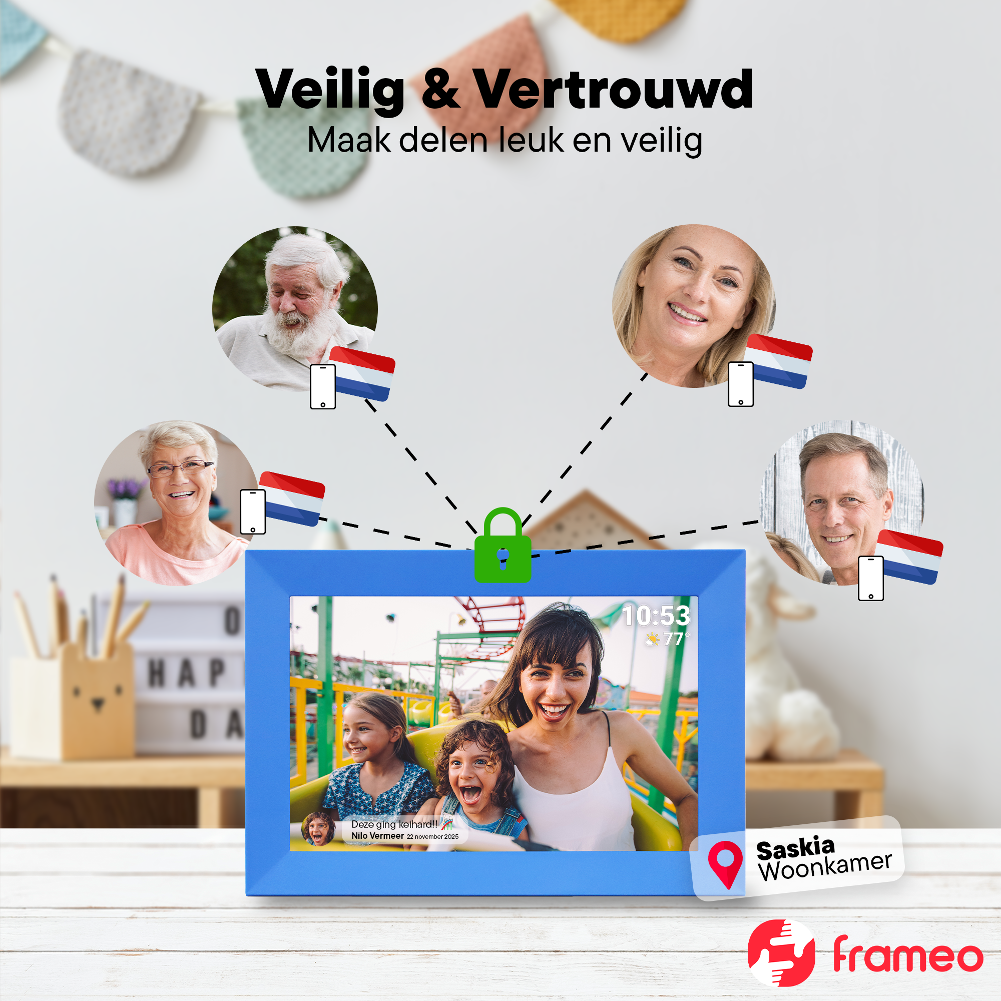 A digital photo frame displays a family, surrounded by portraits of older people.
