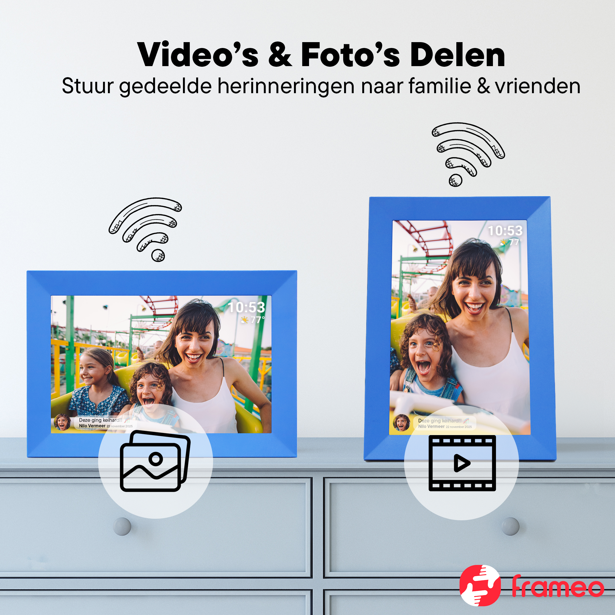 Two blue digital photo frames display families. A WiFi symbol is above.