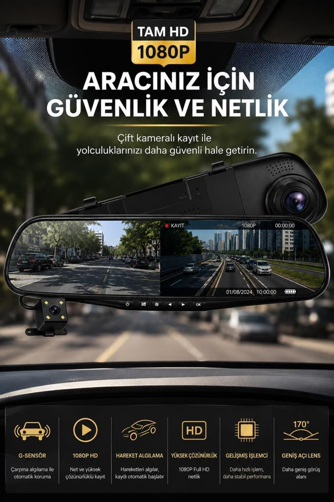 1080P HD kayıtlı dikiz aynası araç kamerası, sokak manzaraları ve araç özelliklerini gösterir.
