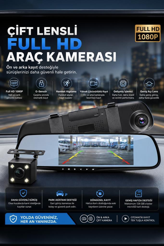 Çift lensli Full HD 1080p araç kamerası, ön-arka görüşlü, park asistanlı.