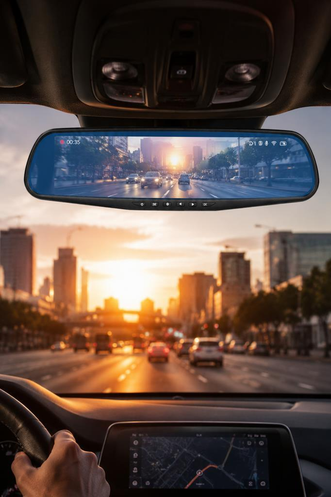 Dikiz aynası gün batımında trafiği gösteriyor, gösterge paneli GPS'li.