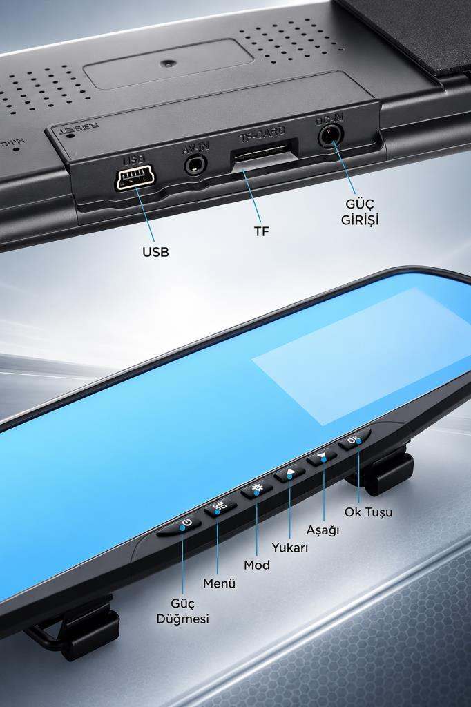 USB, AV-IN, TF-CARD ve DC-IN bağlantı noktalarını gösteren dikiz aynası ekranı.