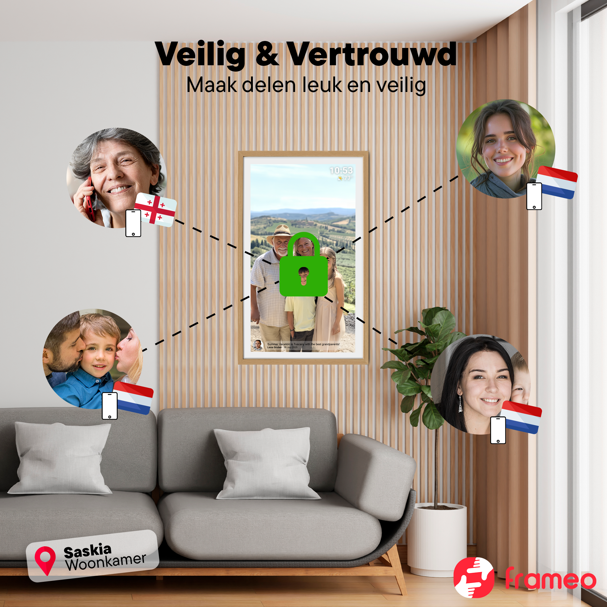 Families share photos on a digital frame in a living room setting.
