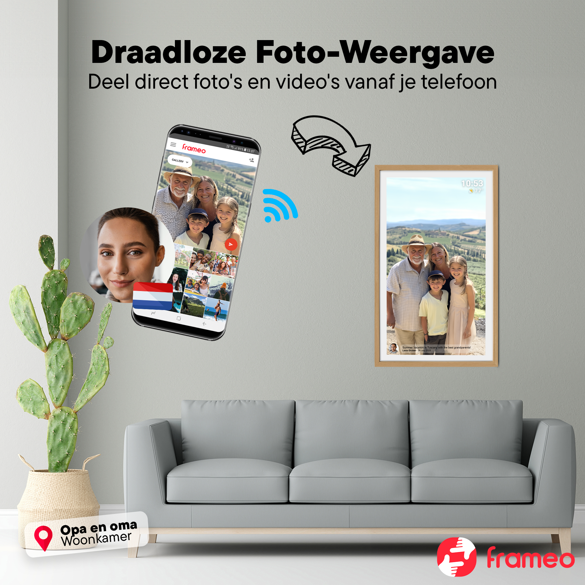 A phone displays photos, a frame shows family. Cactus and sofa in room.