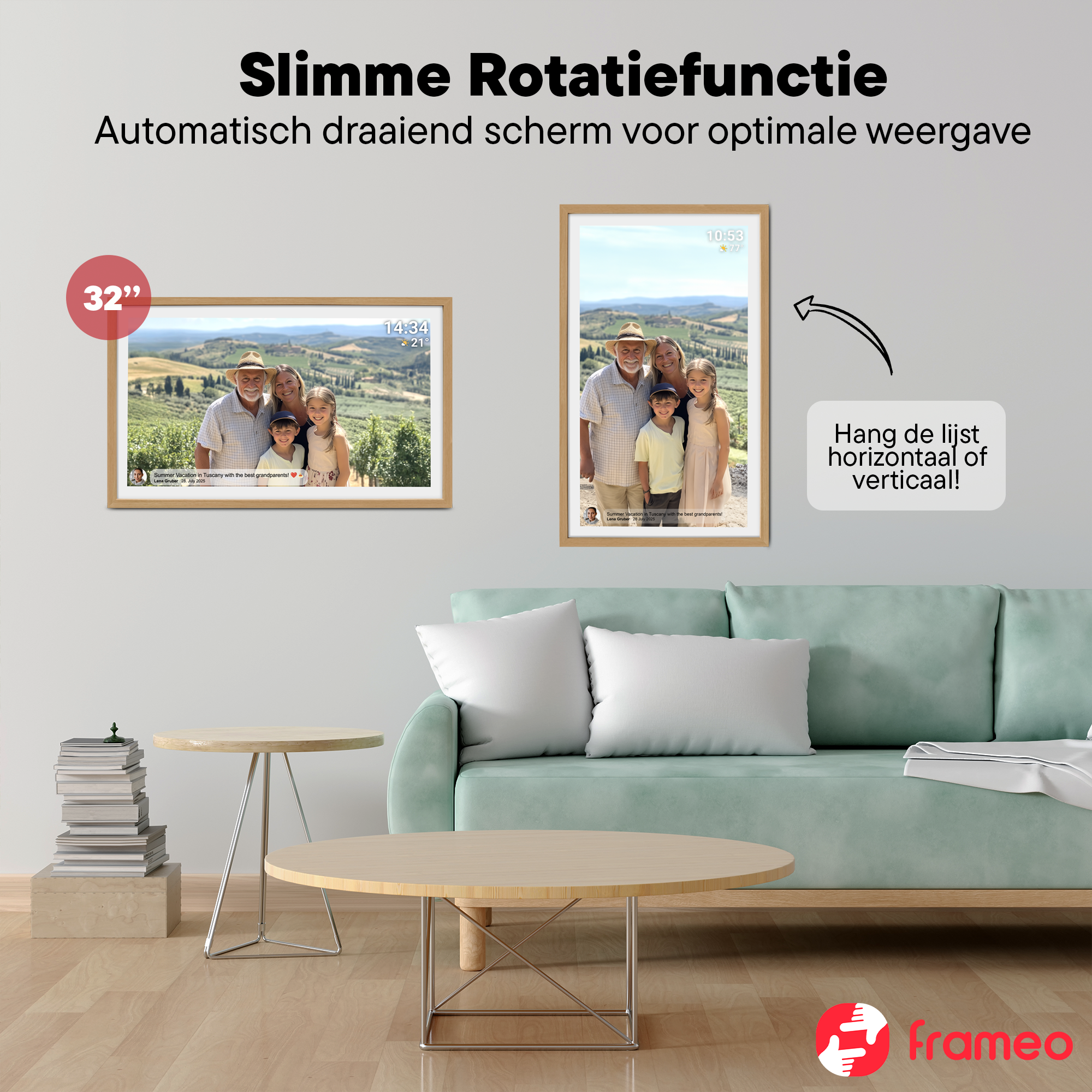 A sofa with two picture frames showing a family, and a coffee table.