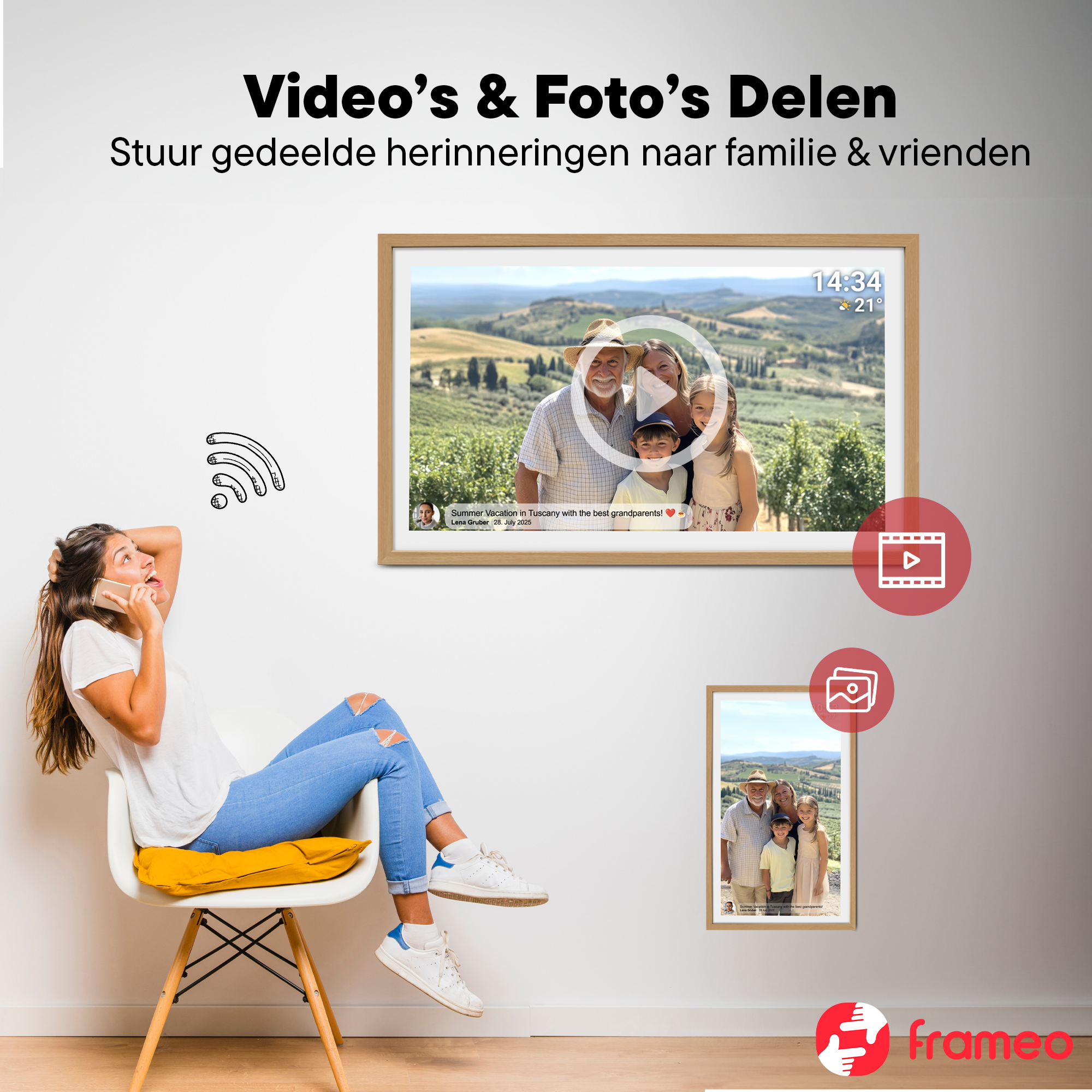 Woman on phone next to digital frames showing family photos and Tuscany.