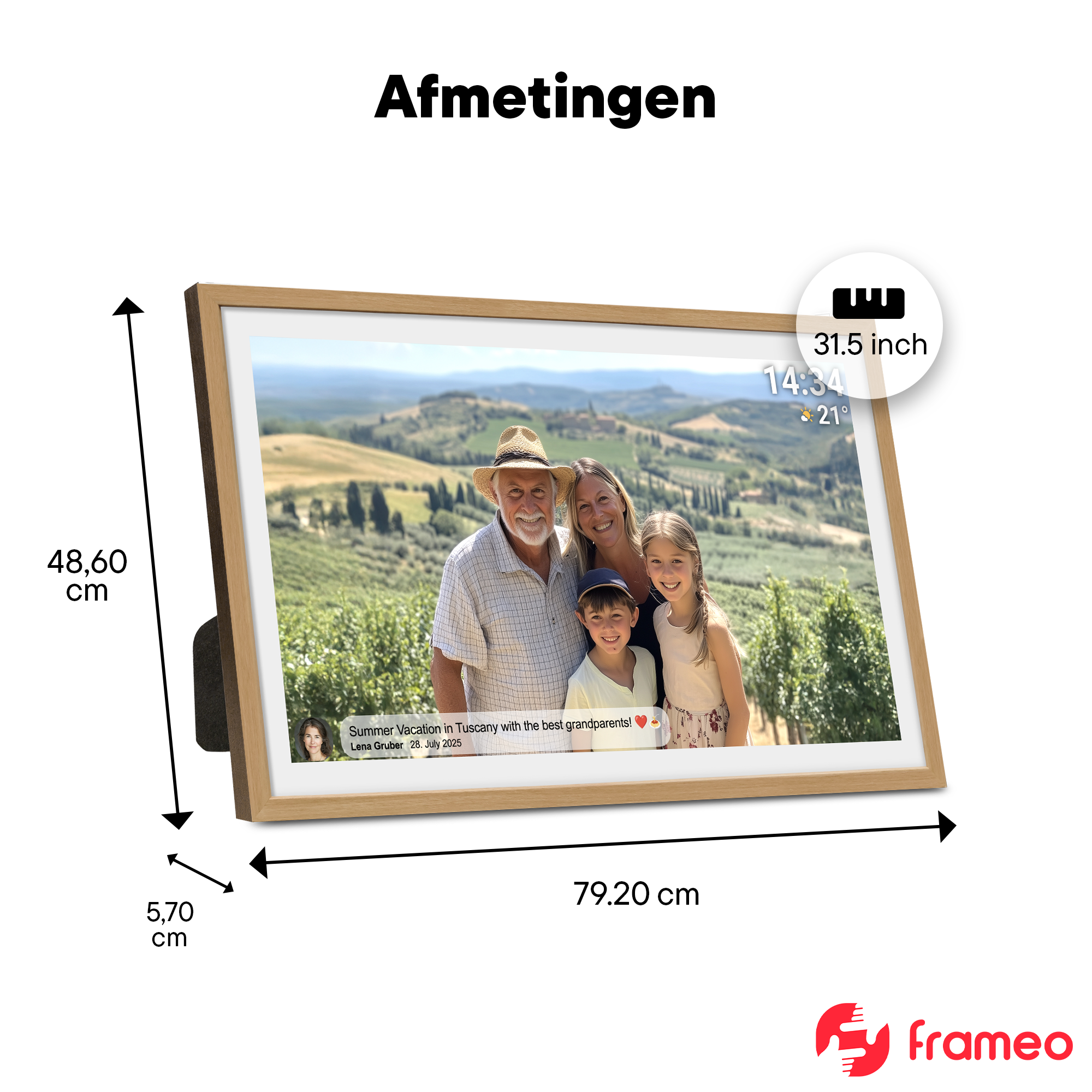 A digital picture frame shows a family in Tuscany. Dimensions 79.2x48.6x5.7 cm.