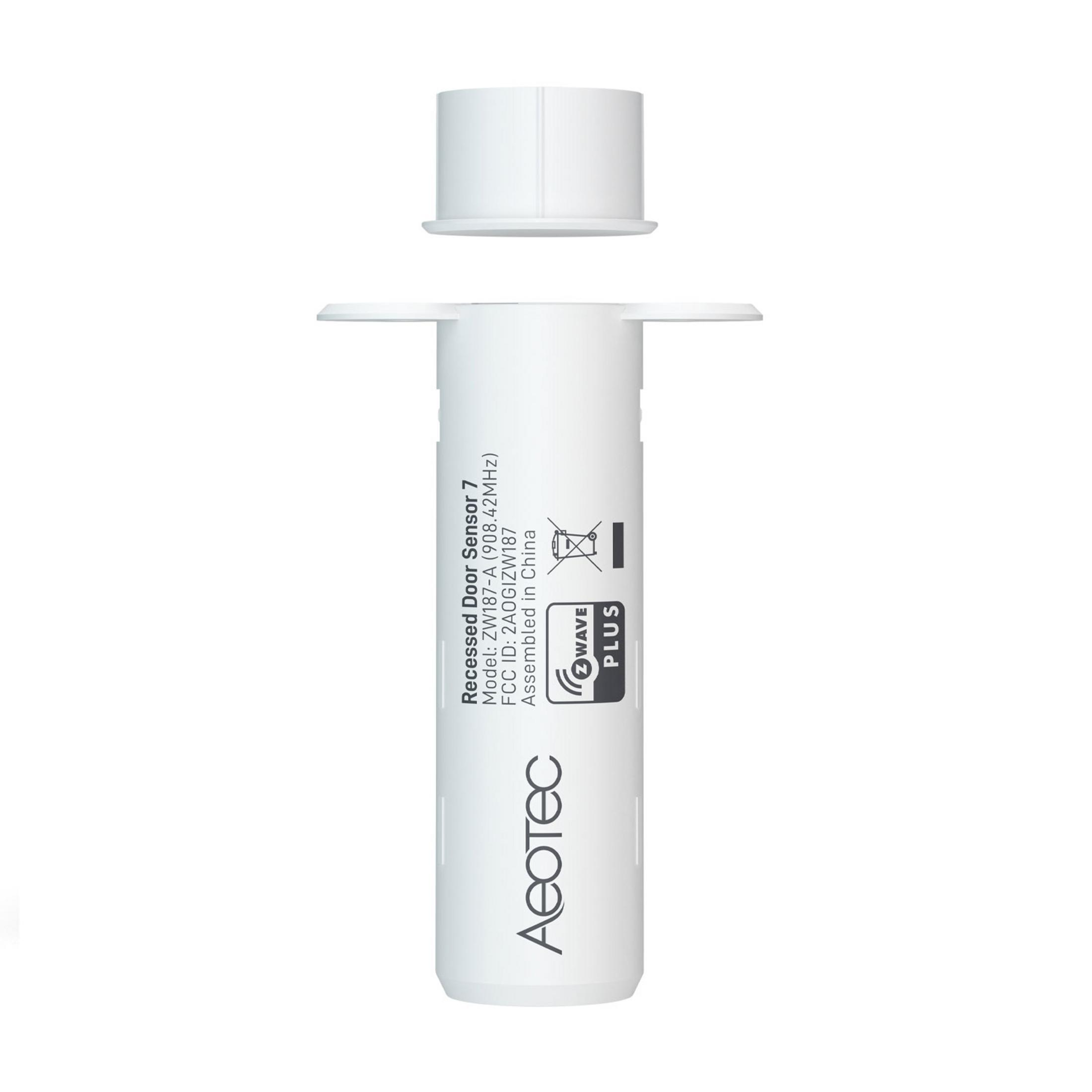 Ein weißer versenkter Türsensor von Aeotec mit Z-Wave Plus-Logo.