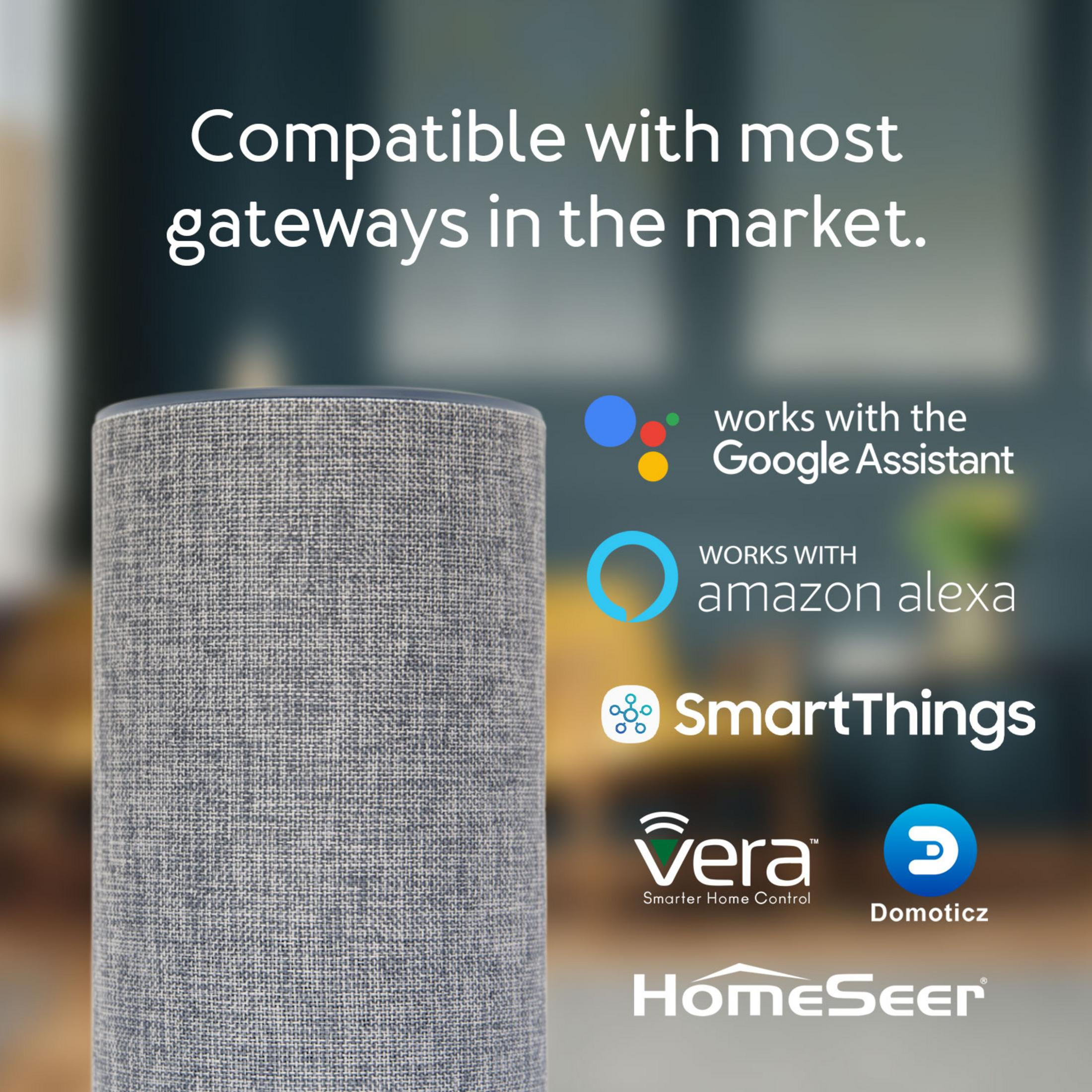 Grauer Stoffzylinder mit Logos von Google, Alexa, SmartThings, Vera, Domoticz, HomeSeer.
