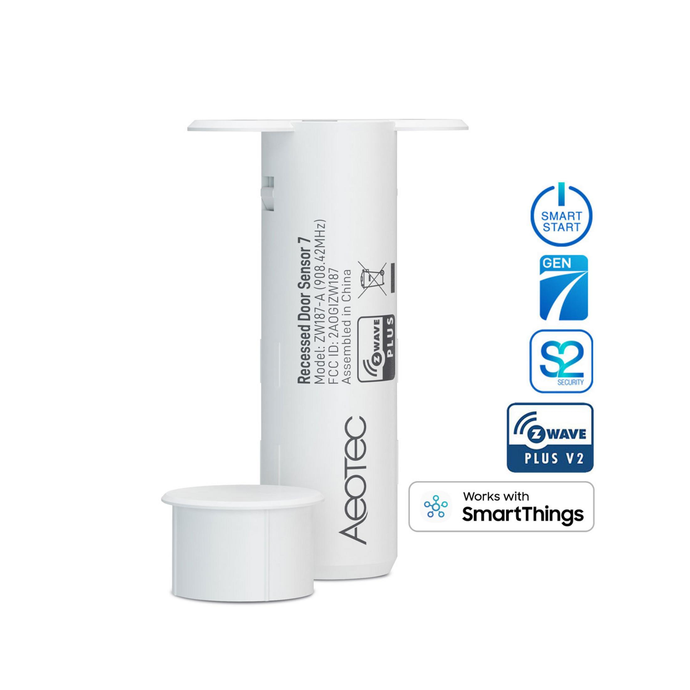 Ein weißer Aeotec Einbausensor für Türen mit Z-Wave Plus V2 Logo und SmartThings Logo.