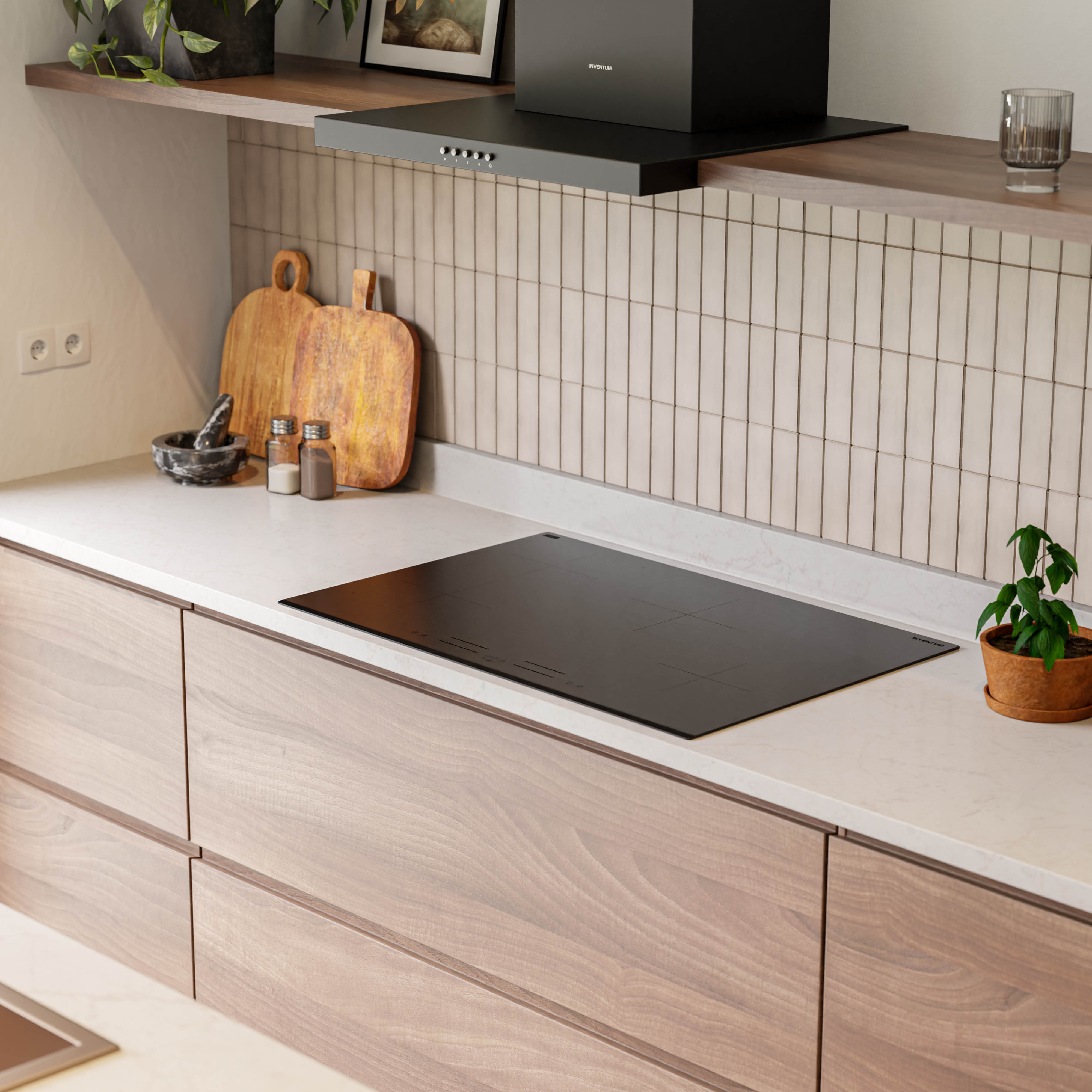 Modern kitchen with induction hob, wooden cabinets, and shelf.