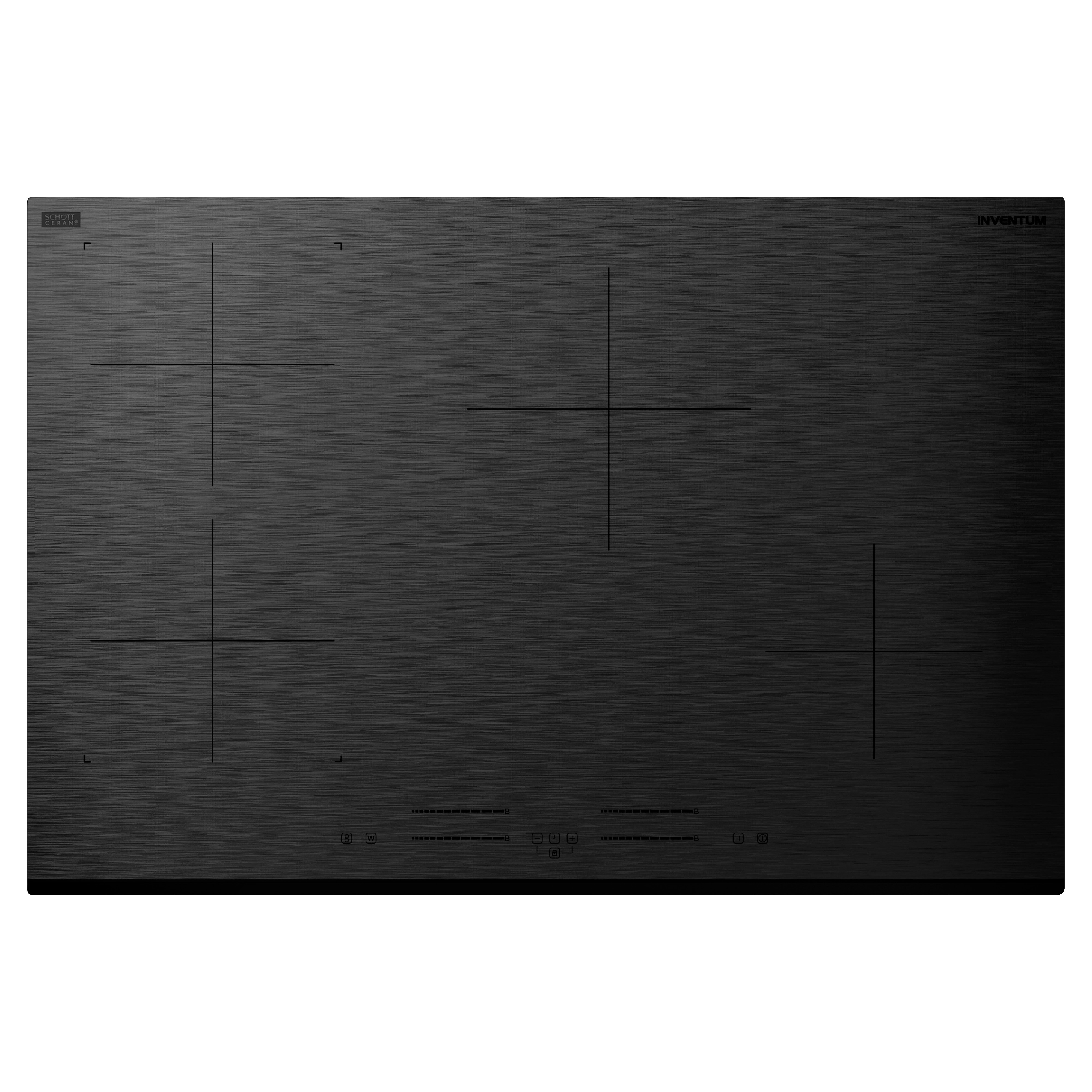 Black induction hob with four cooking zones and control panel.