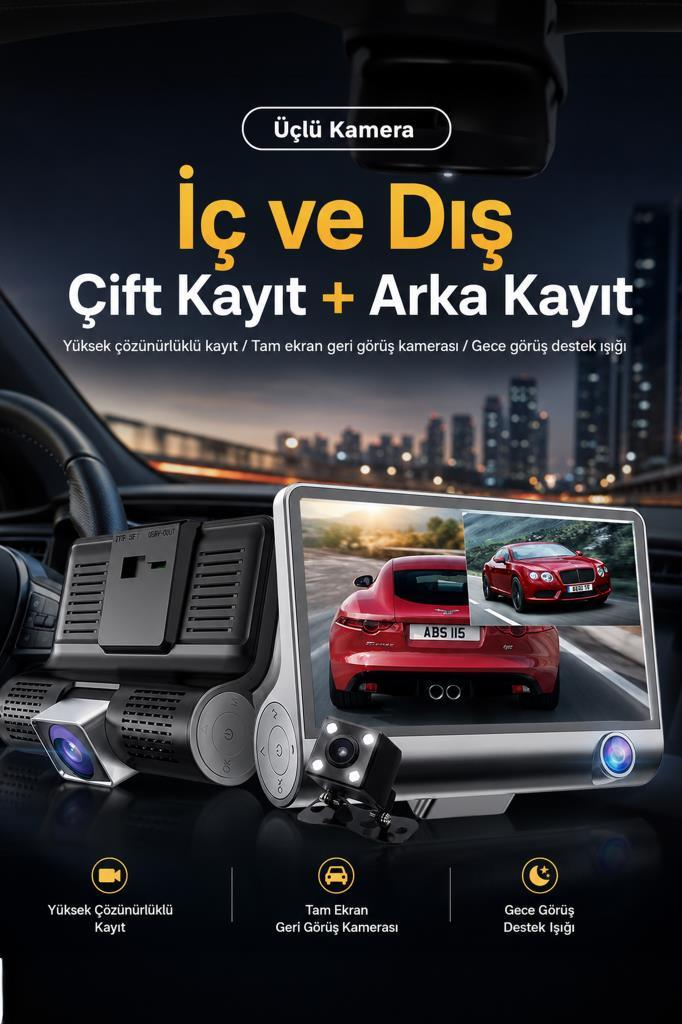 Üçlü kamera, monitörde kırmızı arabalar, geri görüş kamerası gösteriliyor.